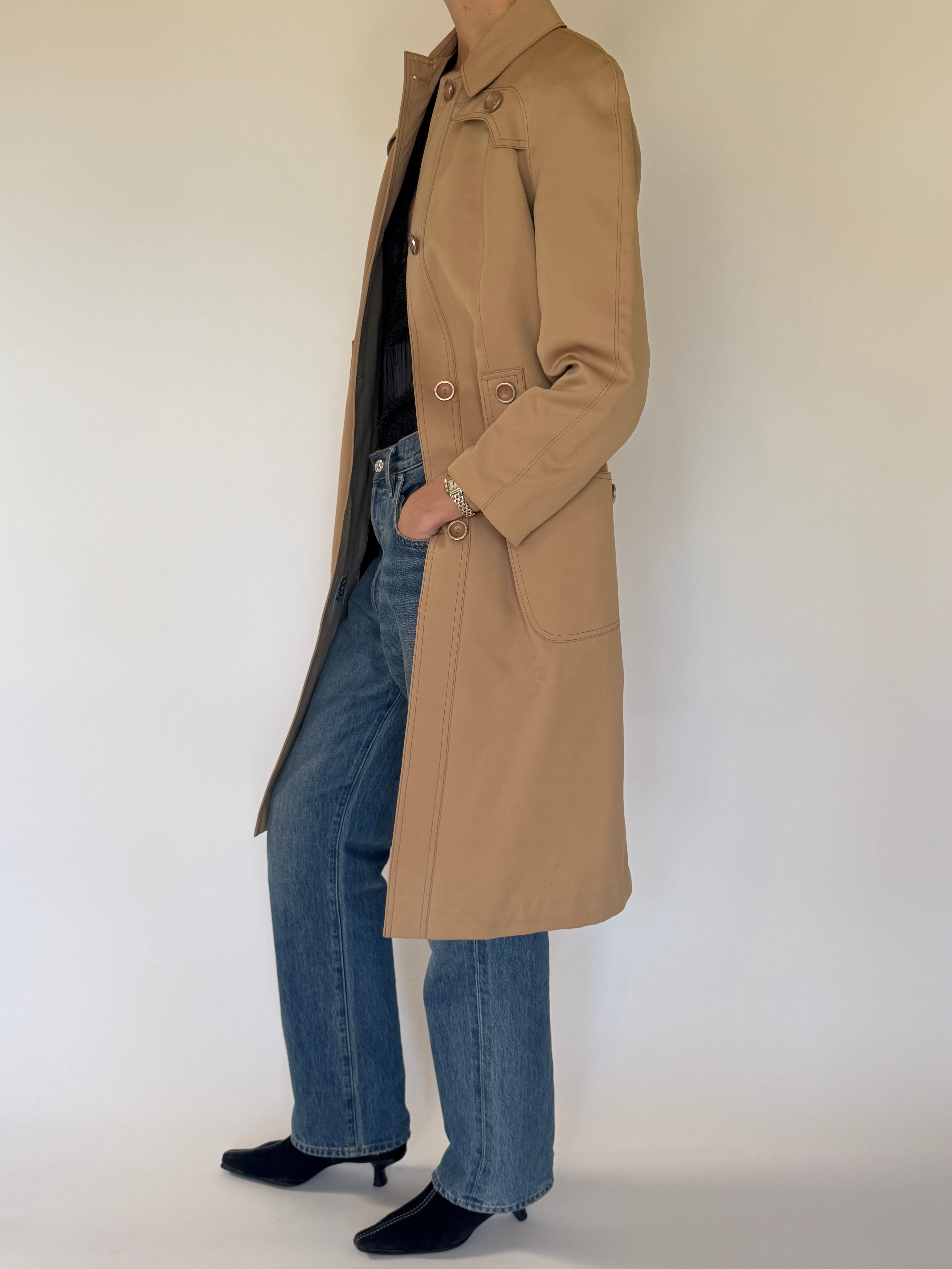 Vintage camel mid-length coat side view