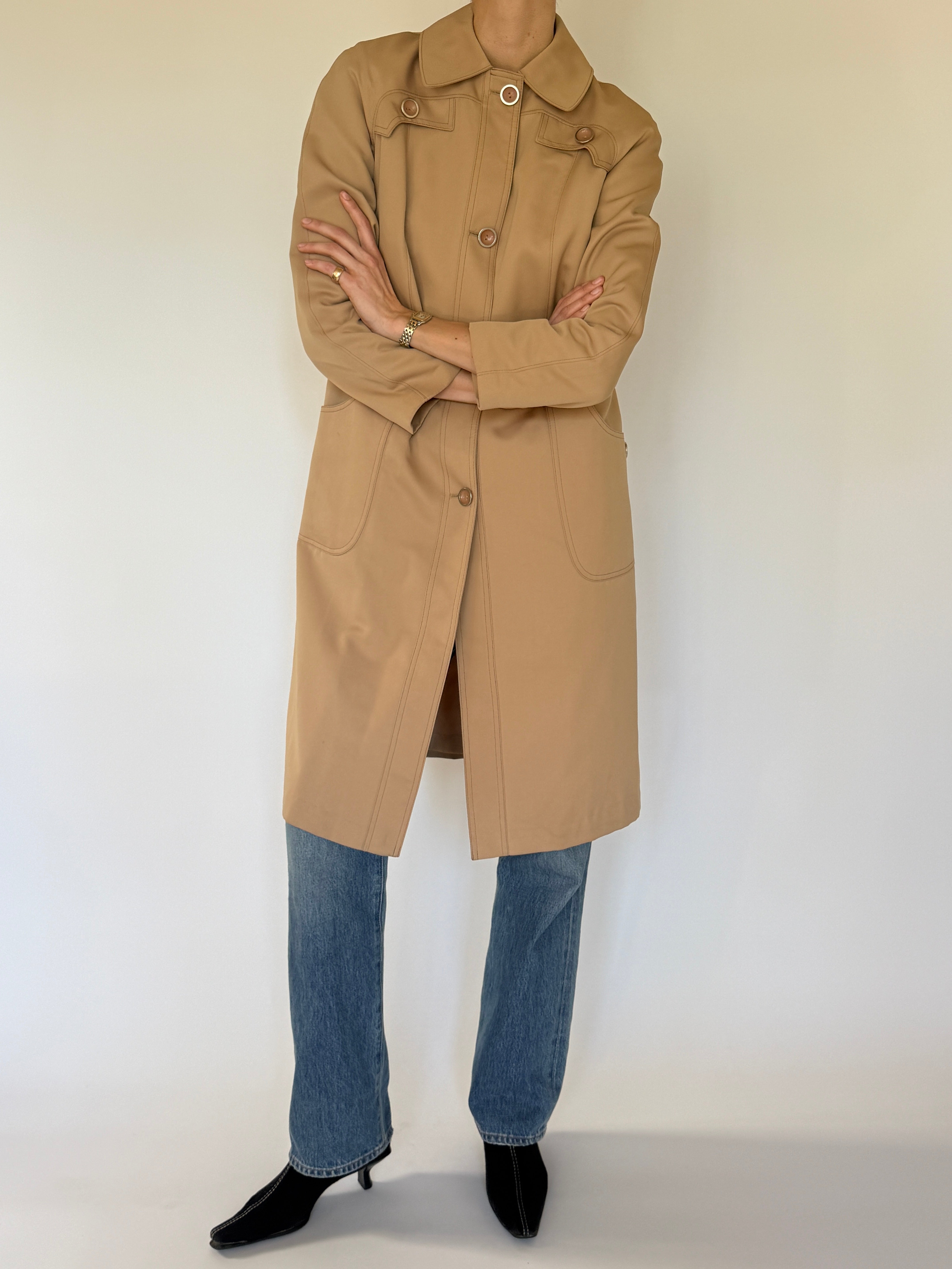 Vintage camel mid-length coat front view