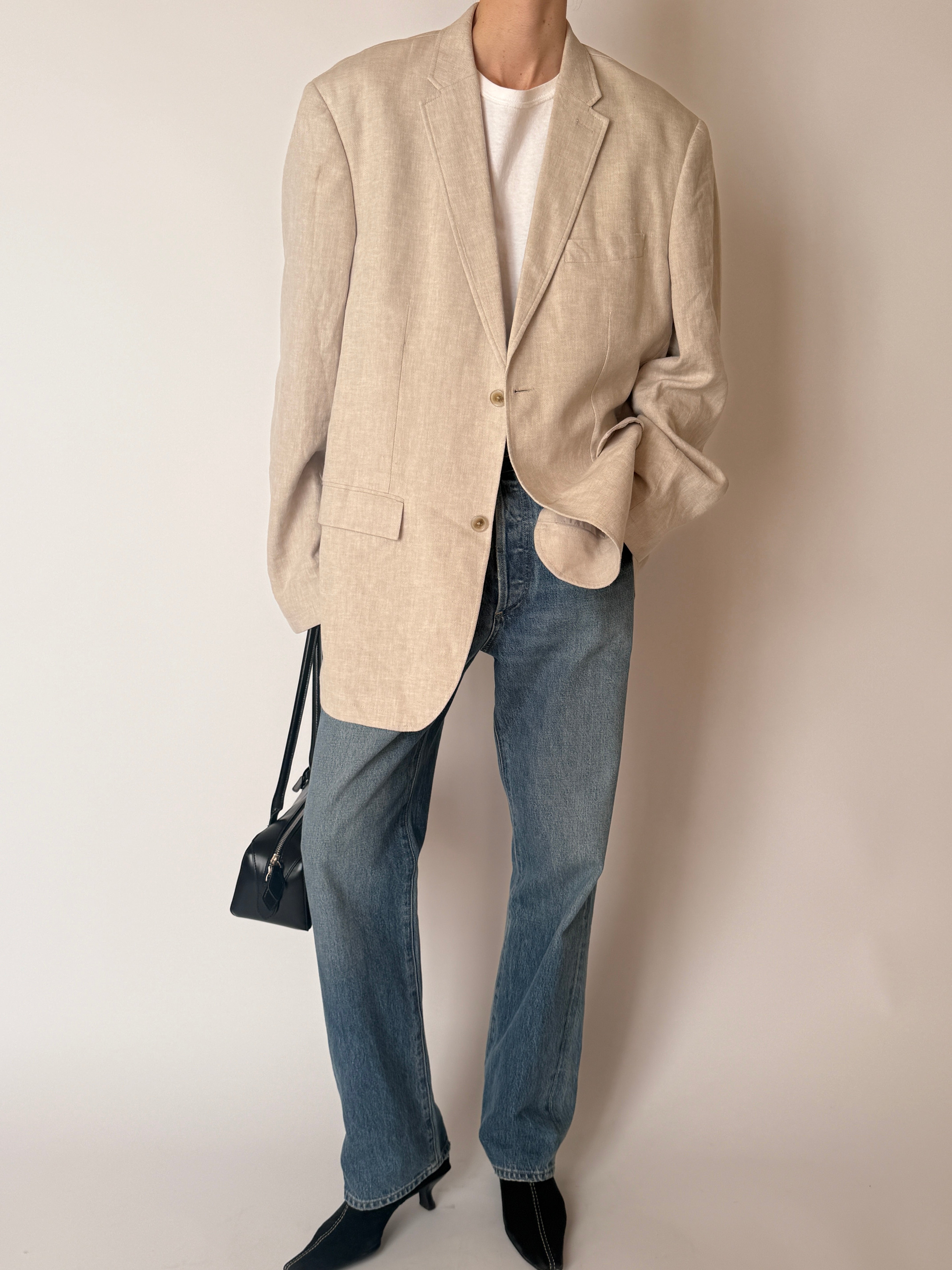 Vintage Linen & Cotton Oversized Blazer in Beige 6601