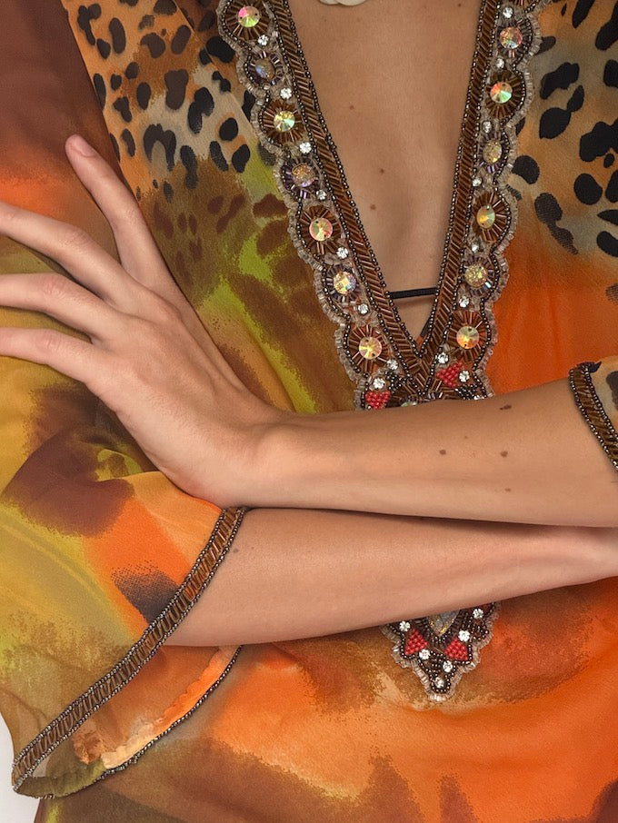 Vintage Embellished Swim Cover-Up in Sunset Leopard