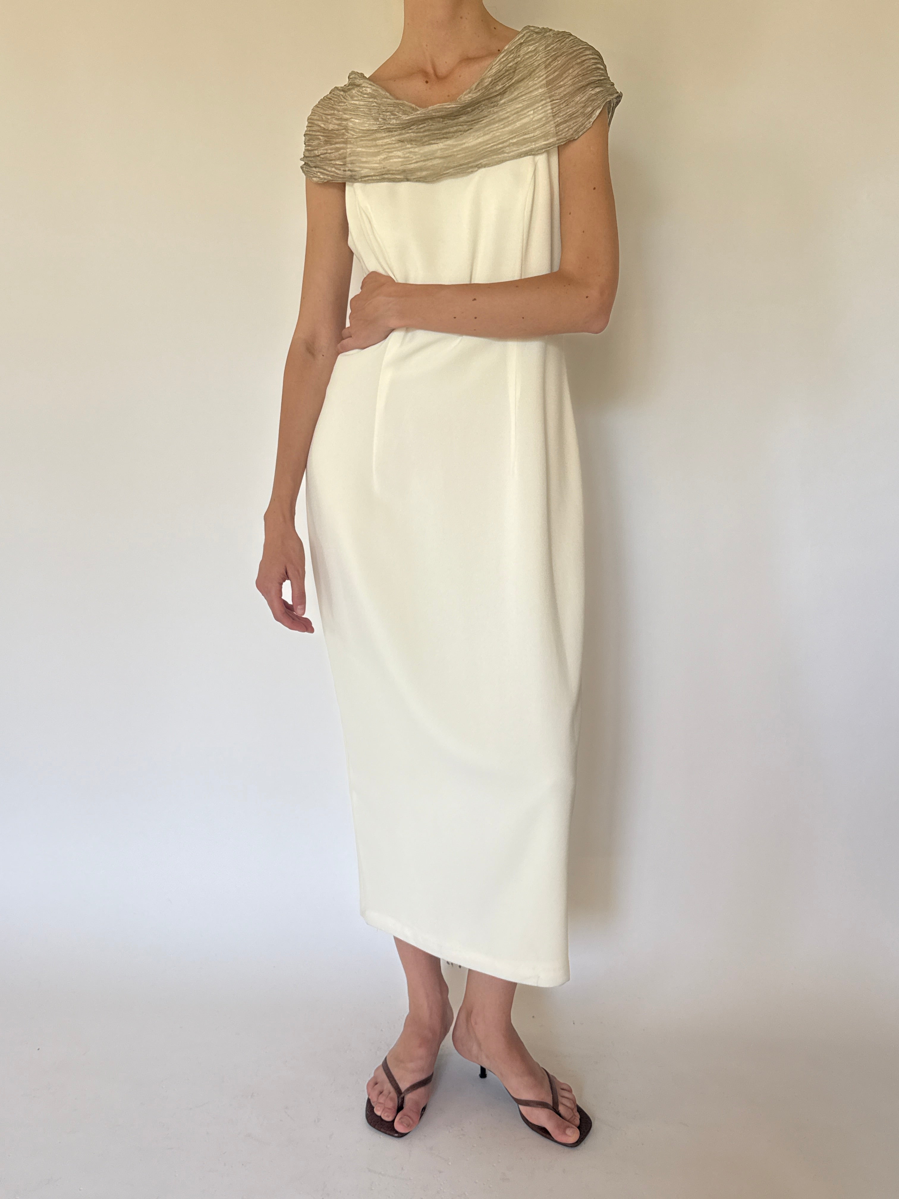 intage ivory off-the-shoulder midi dress front view