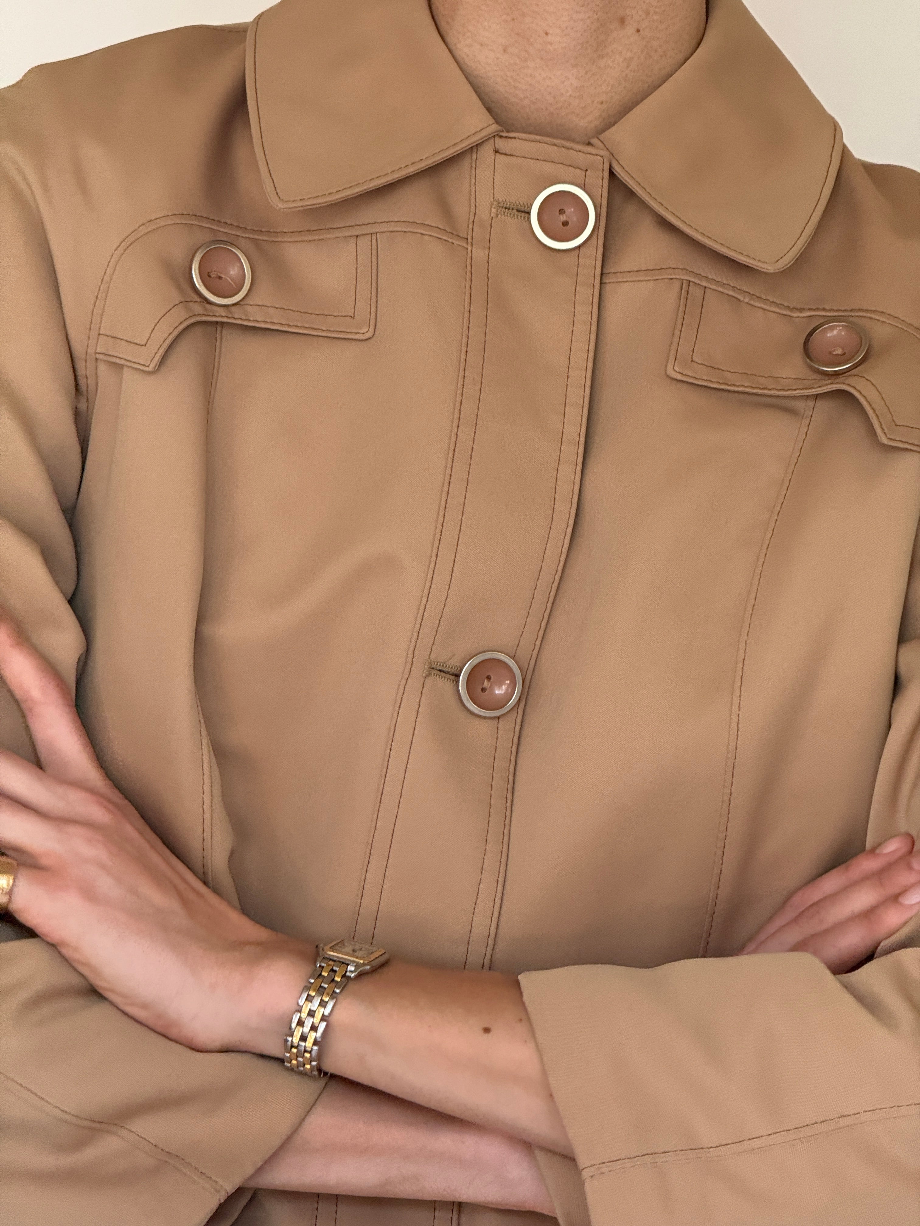 Vintage camel mid-length coat collar detail