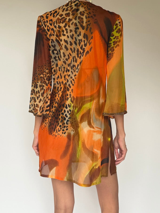 Vintage Embellished Swim Cover-Up in Sunset Leopard