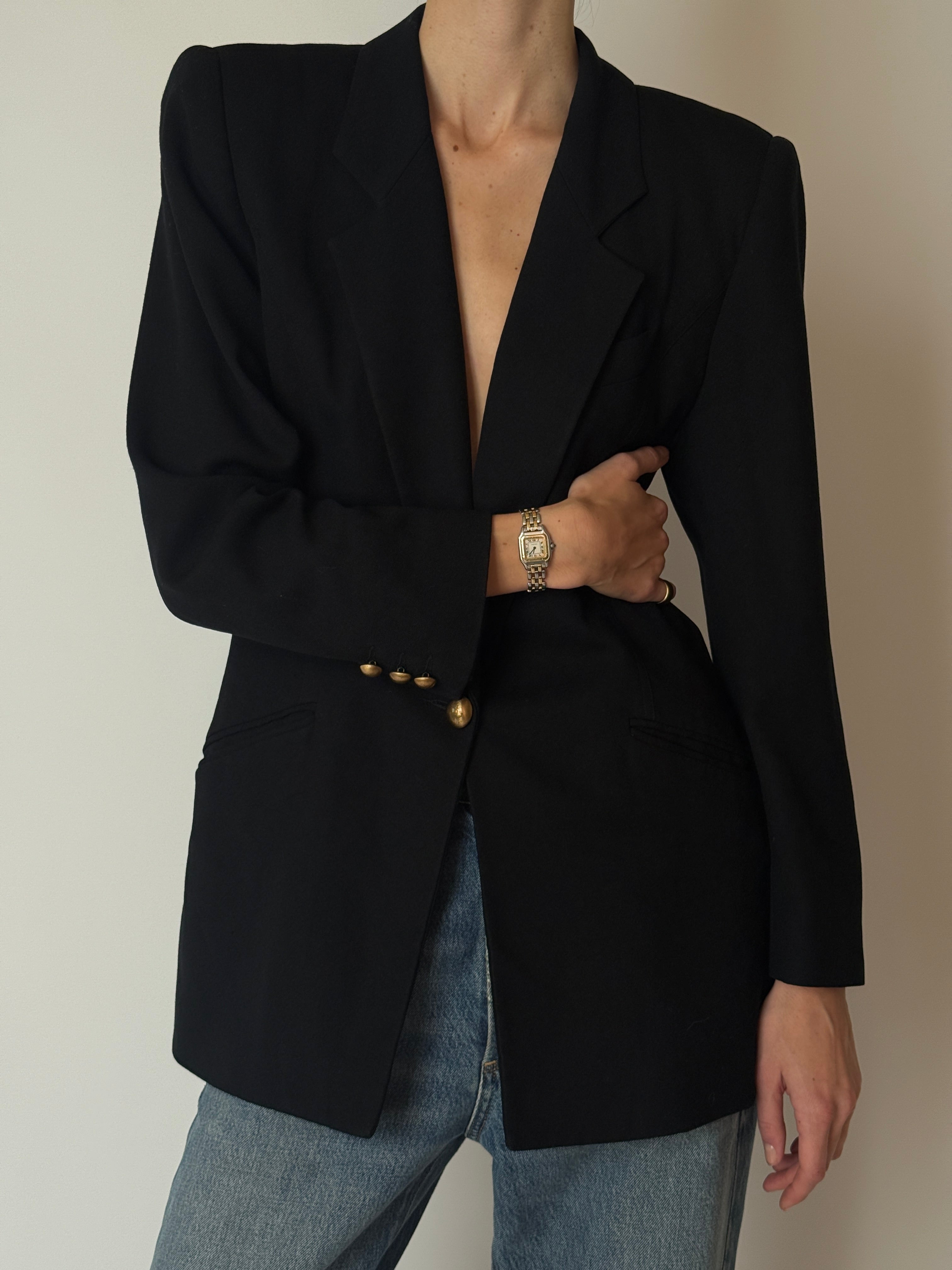 Vintage black wool blazer with gold buttons