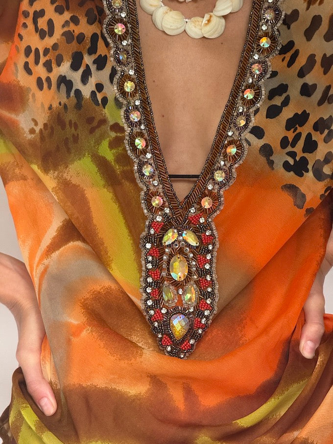 Vintage Embellished Swim Cover-Up in Sunset Leopard