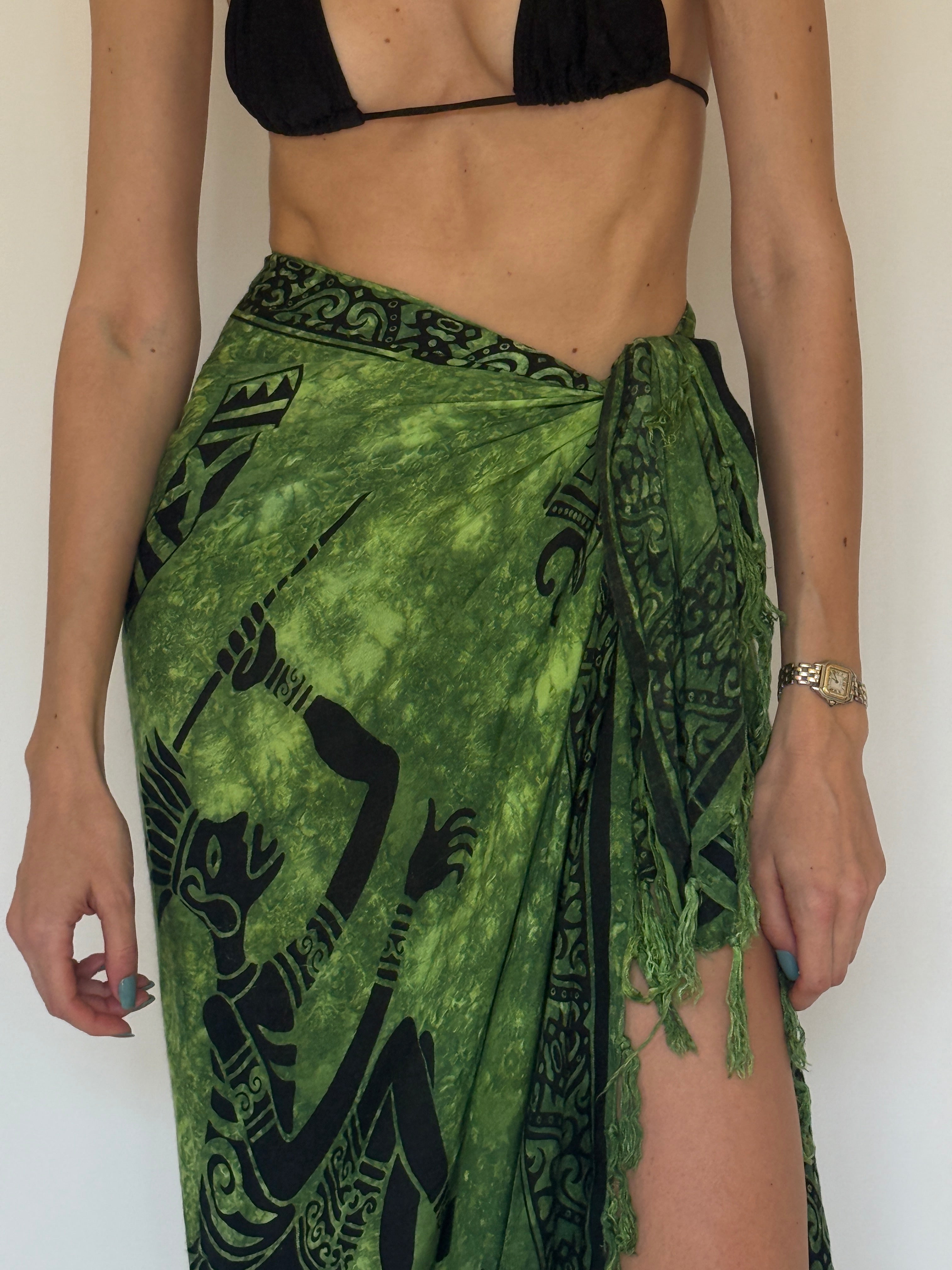 Vintage green printed sarong fabric close-up