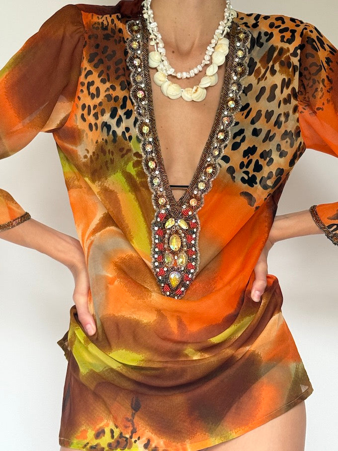 Vintage Embellished Swim Cover-Up in Sunset Leopard