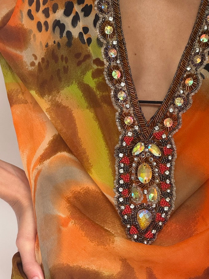 Vintage Embellished Swim Cover-Up in Sunset Leopard