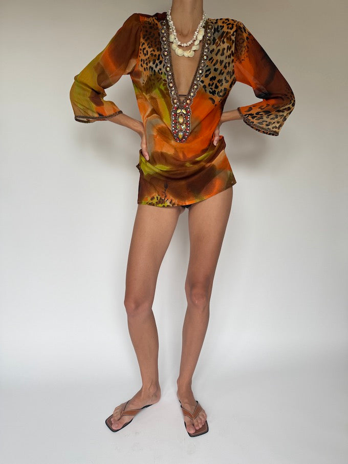 Vintage Embellished Swim Cover-Up in Sunset Leopard