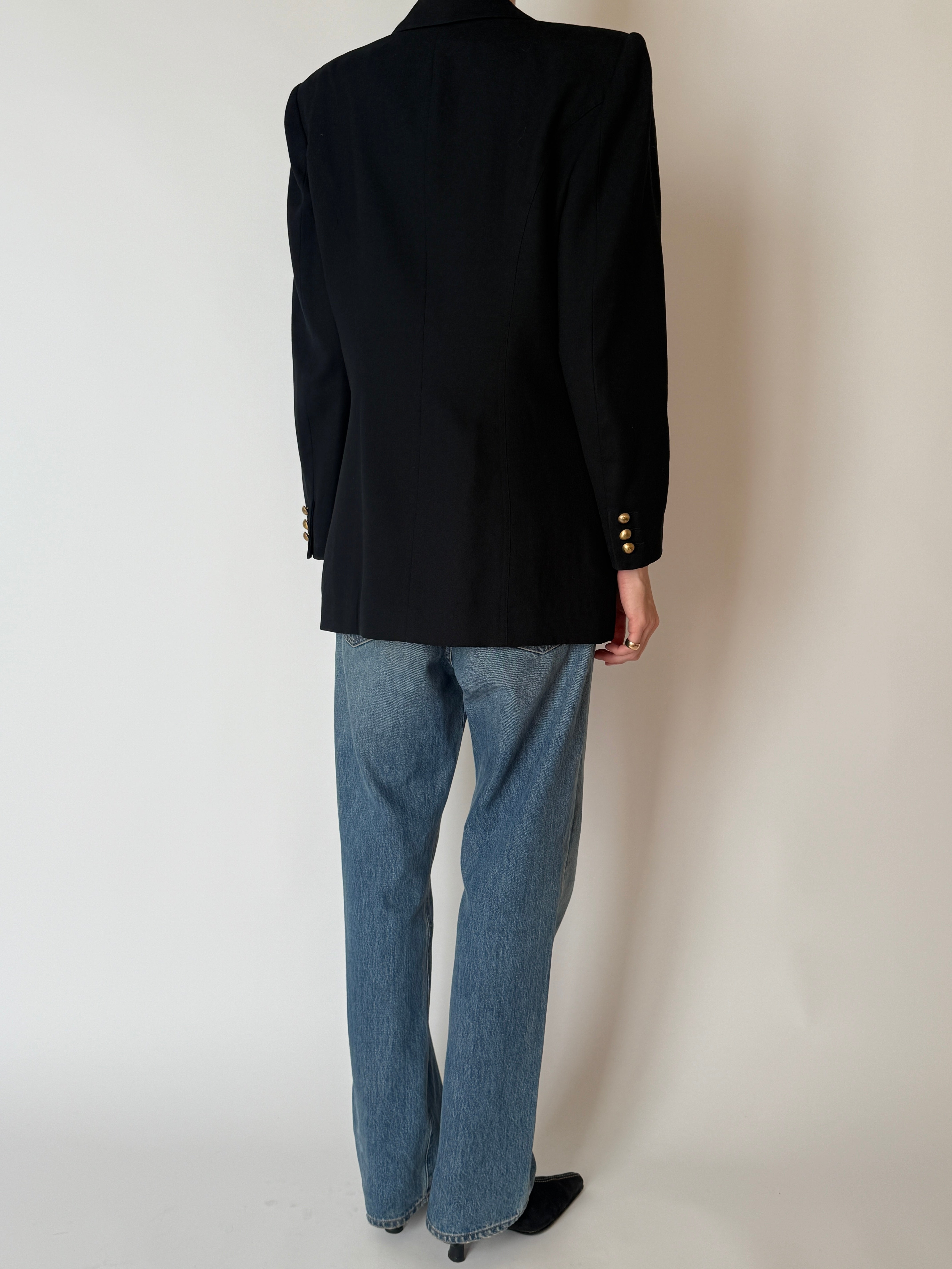 Vintage black wool blazer with gold buttons back view full body