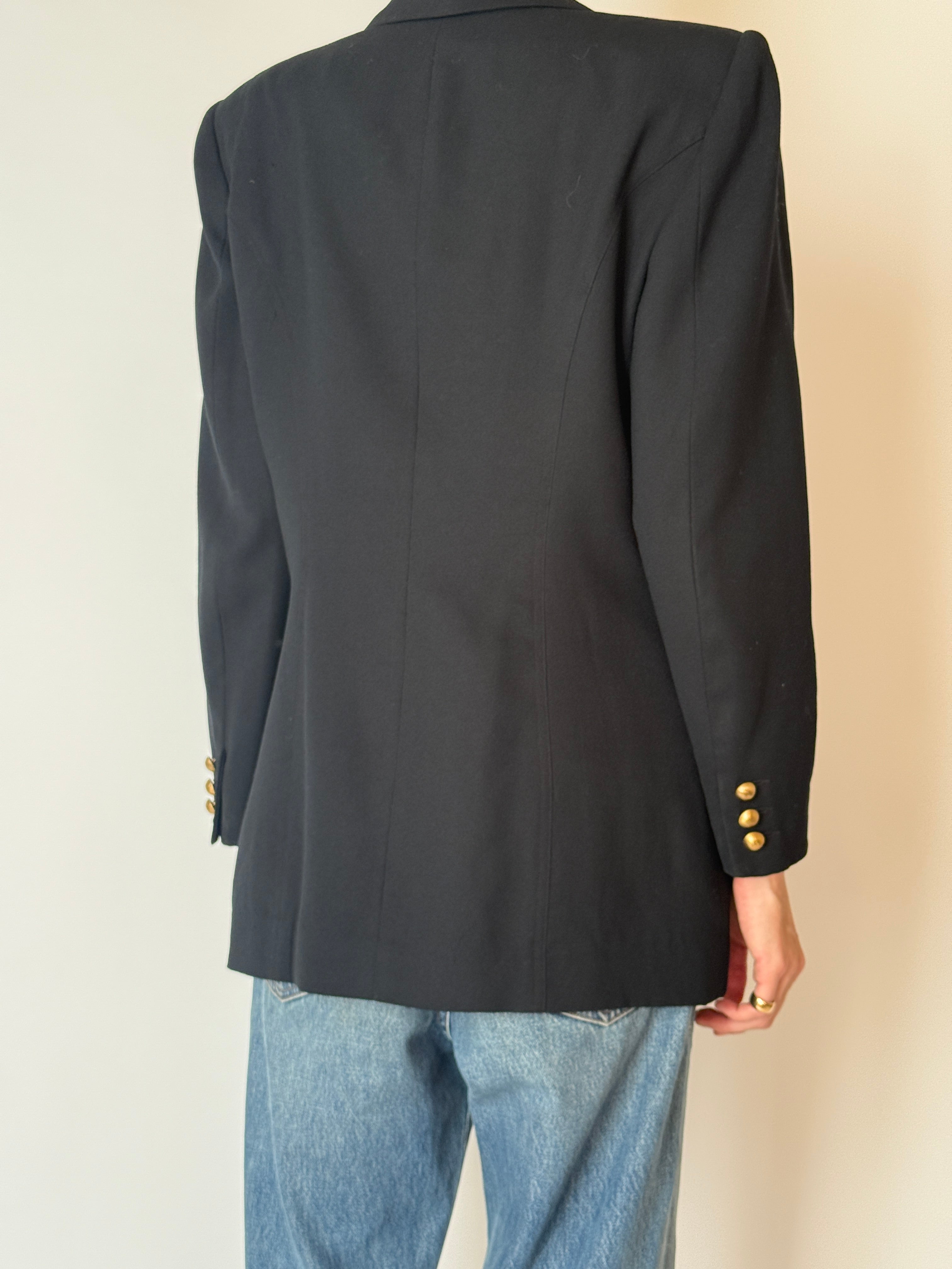 Vintage black wool blazer with gold buttons back view