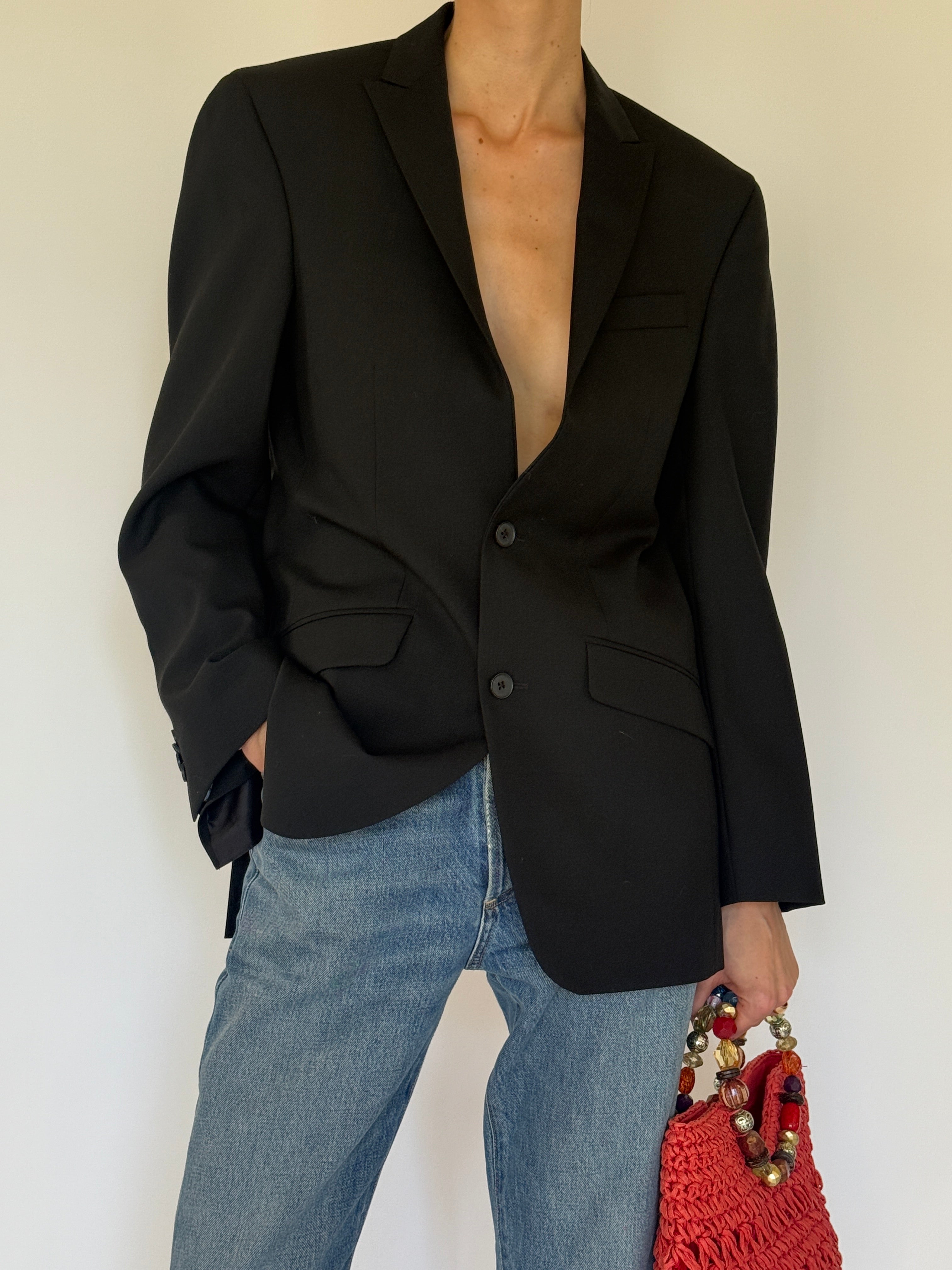 Vintage black wool blazer angled front view