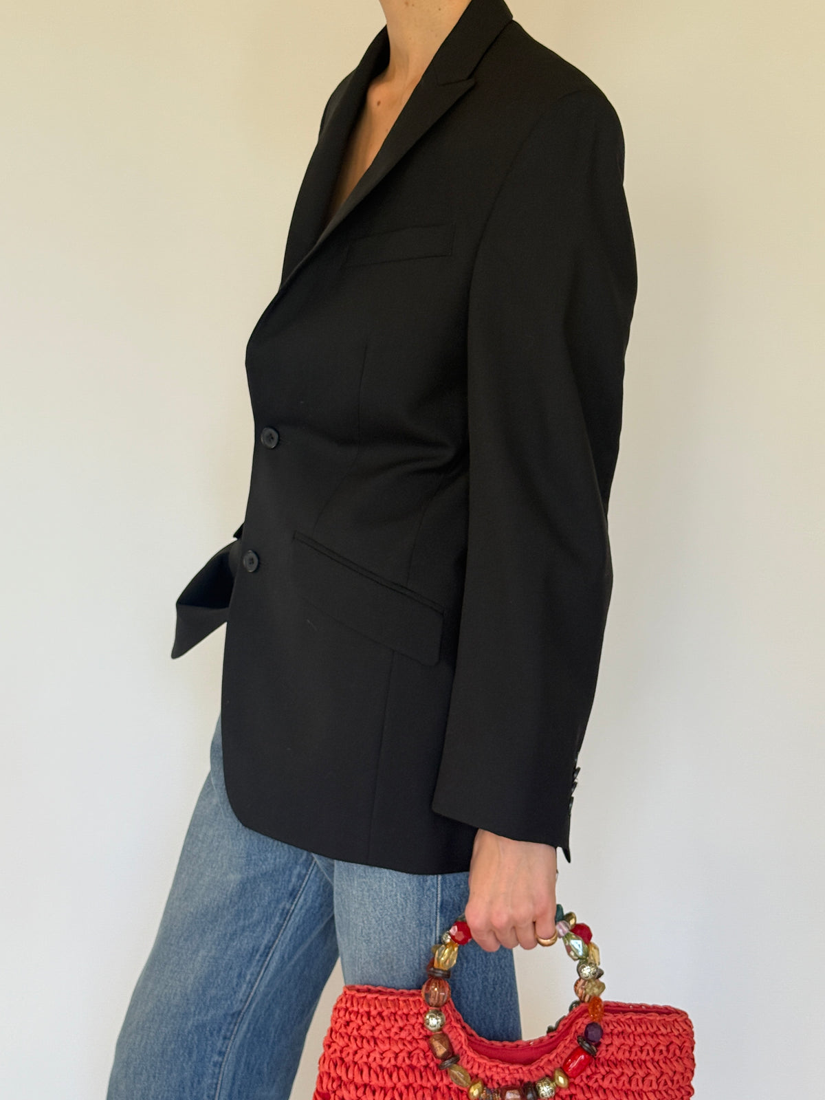 Vintage black wool blazer sleeve button detail
