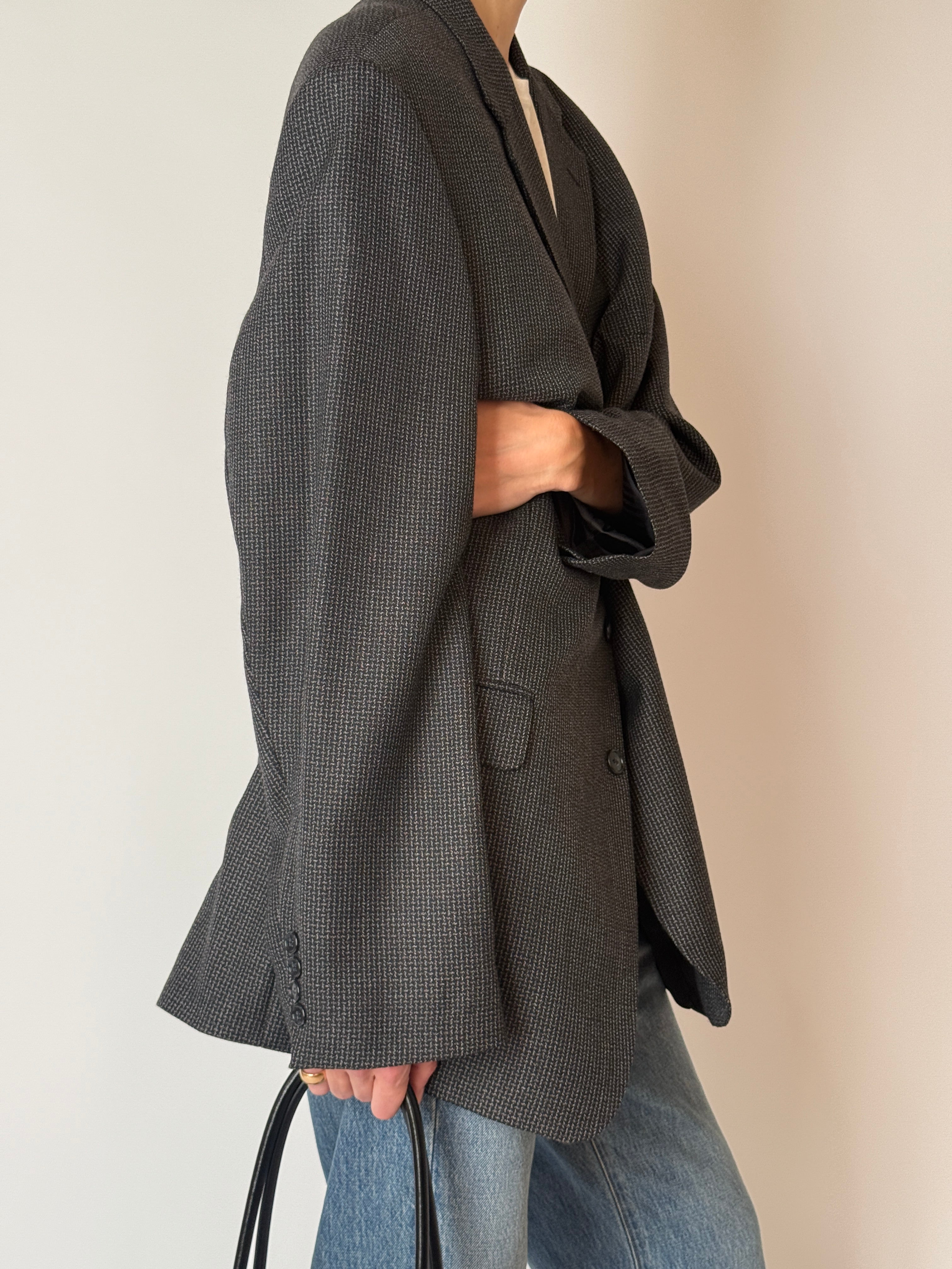 Vintage wool blend blazer showing side view in charcoal