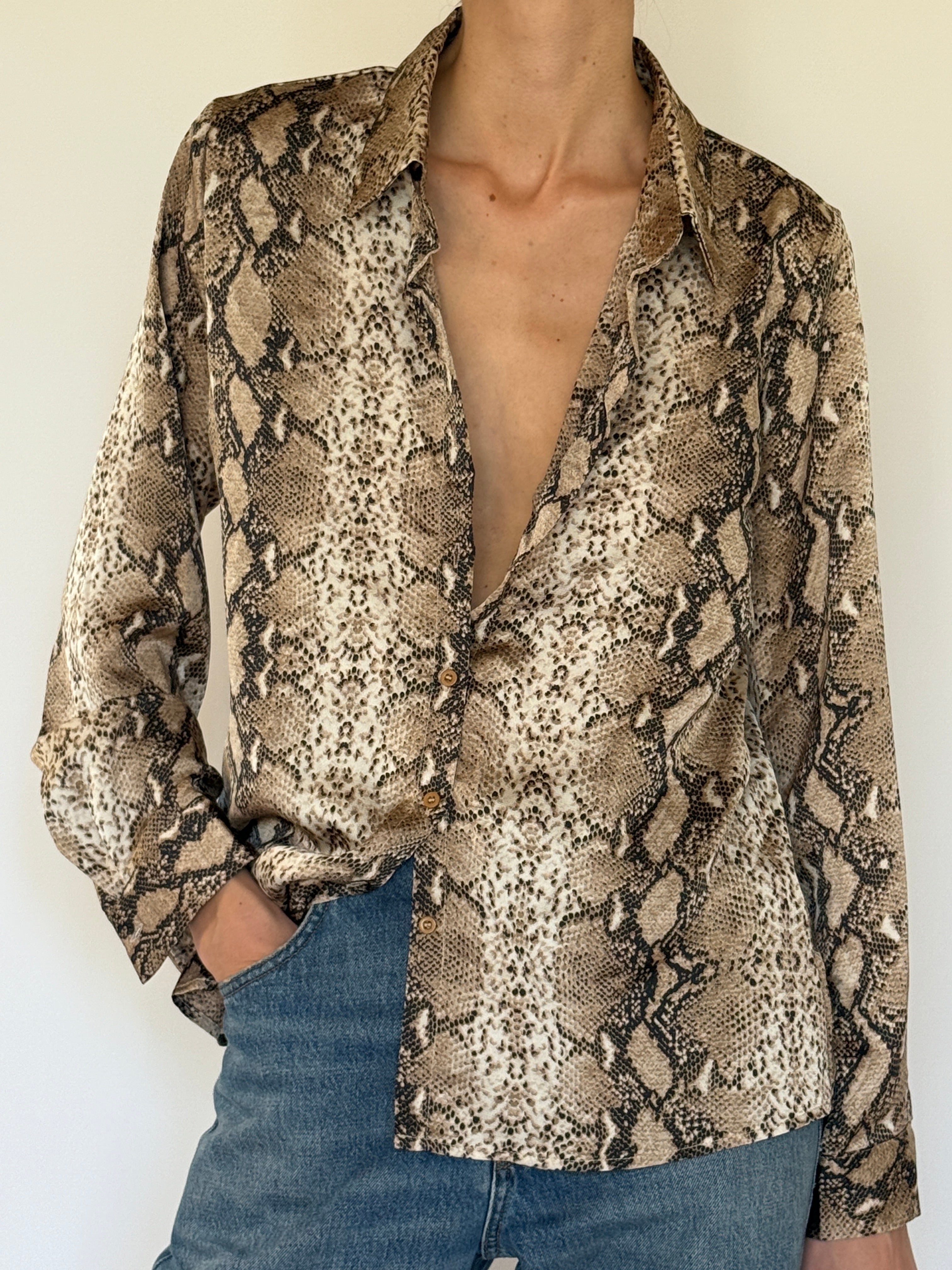 Vintage snake print button-up shirt front view