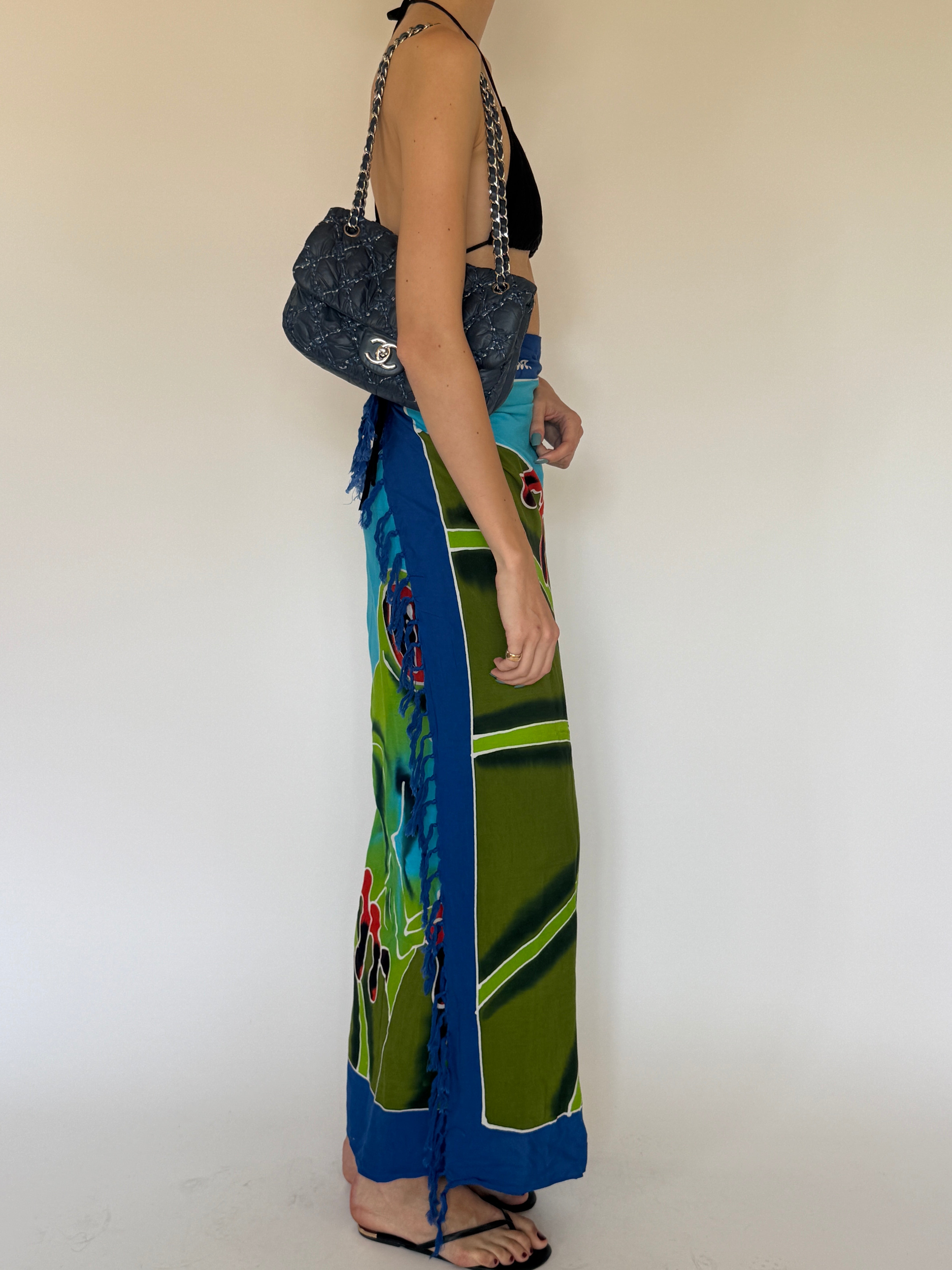 Vintage blue and green tropical print sarong side view