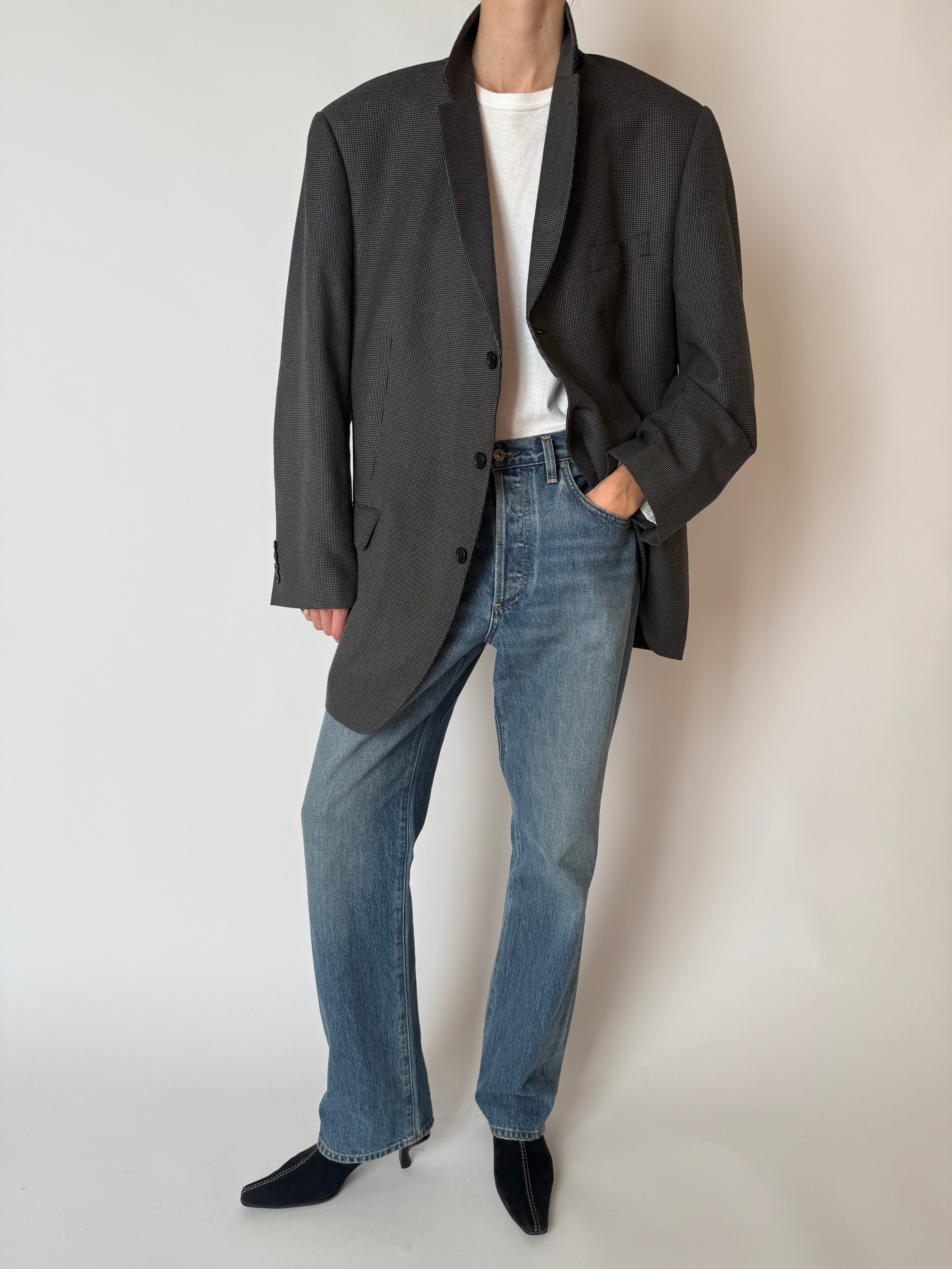 Vintage black and cream blazer button closure detail