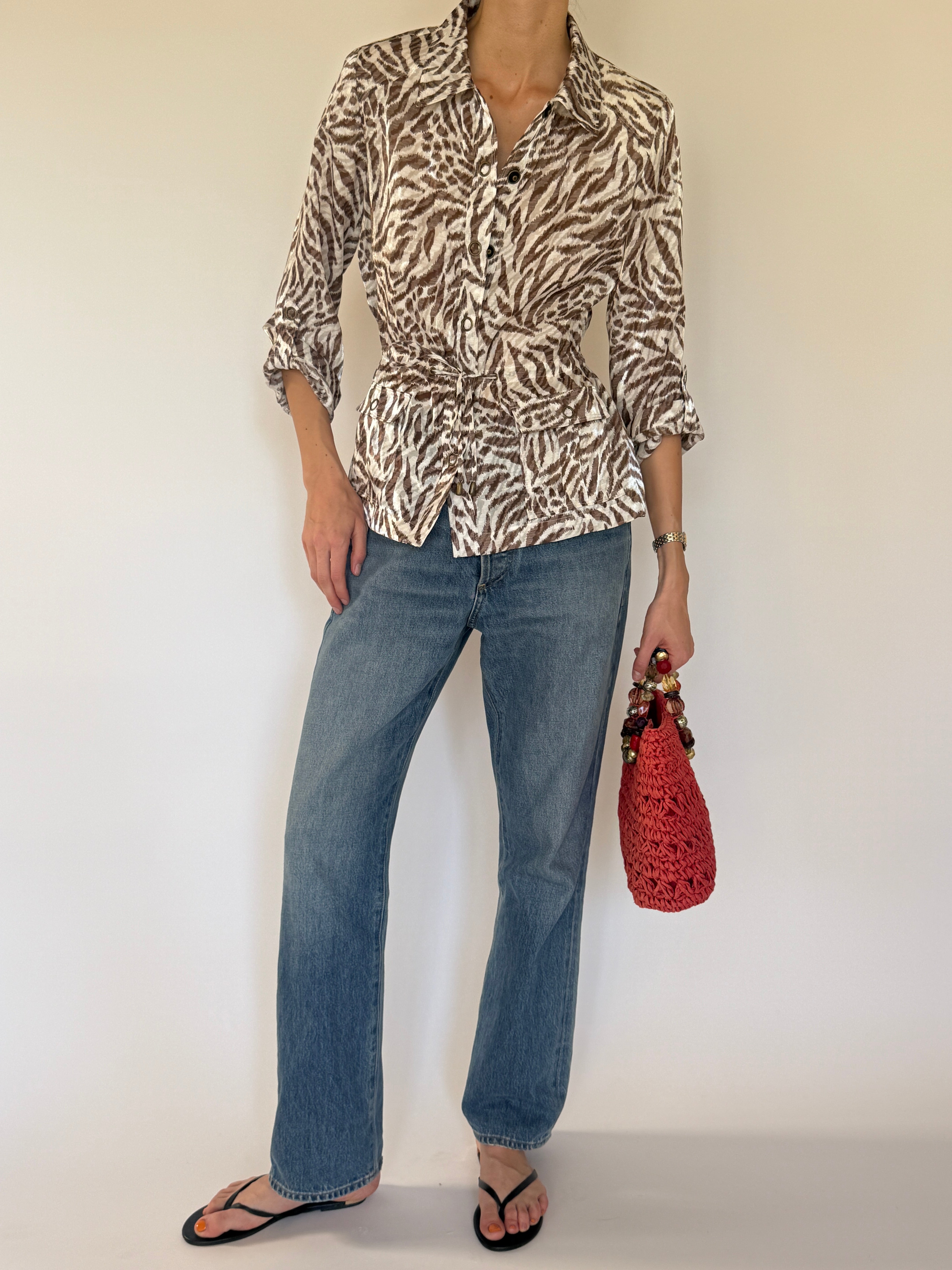 Vintage animal print belted blouse front view