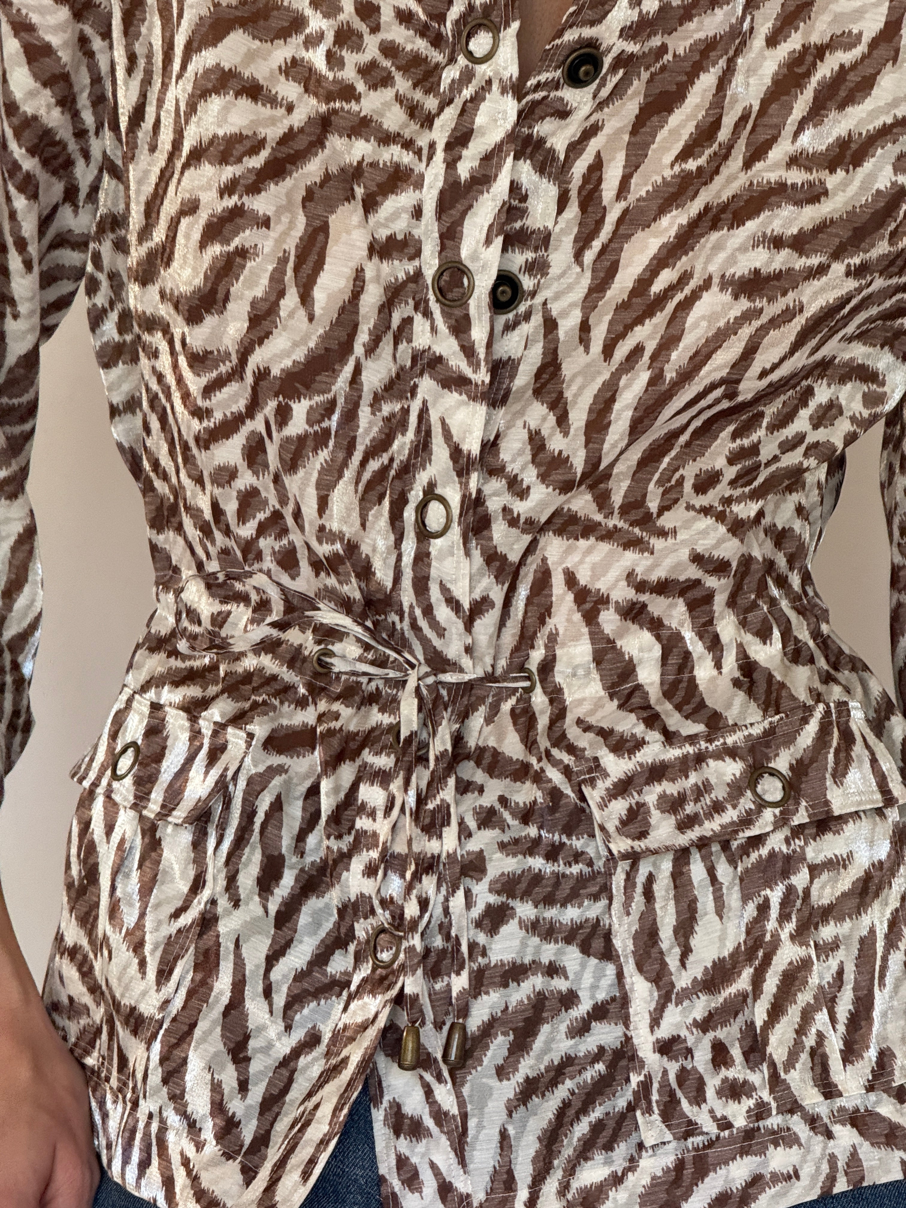 Vintage animal print belted blouse waist tie detail