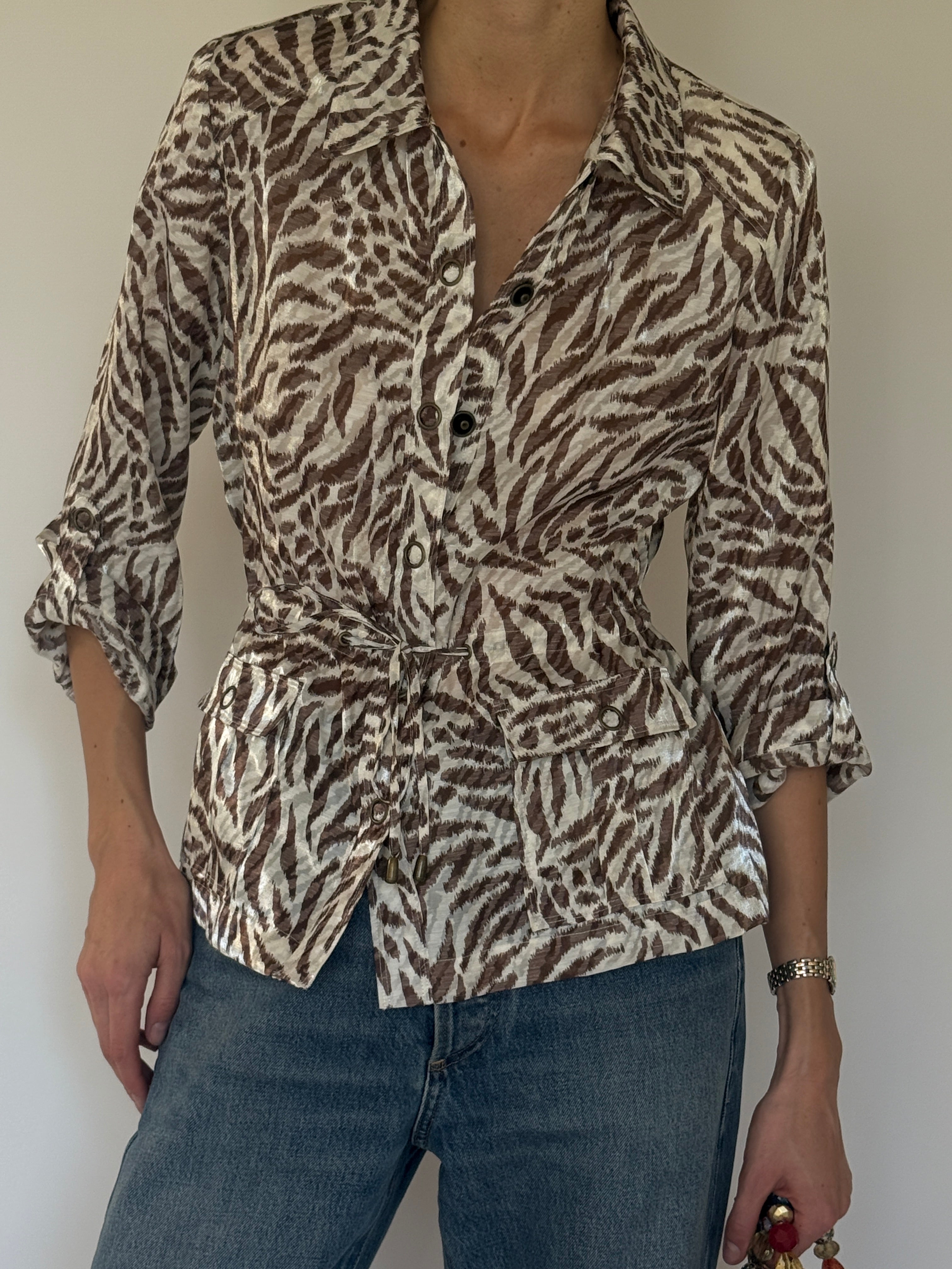 Vintage animal print belted blouse front view