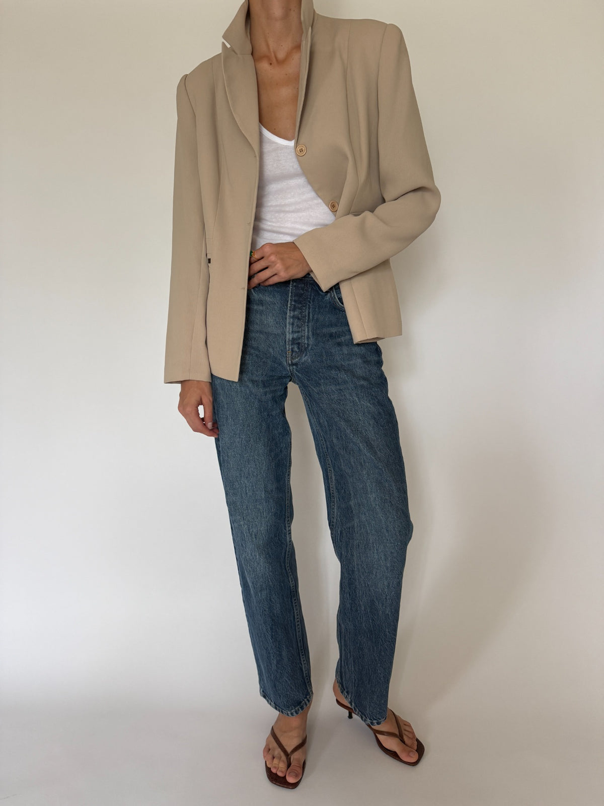 Vintage fitted western-inspired blazer beige styled front view