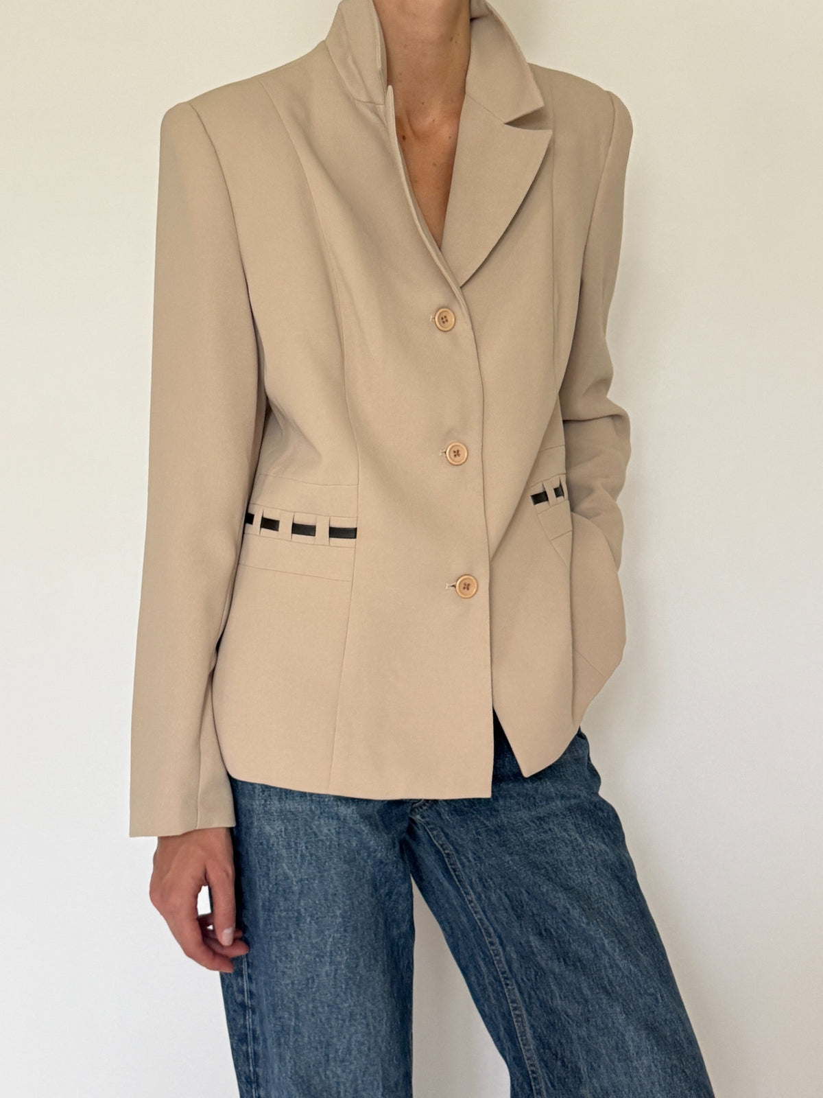 Vintage fitted western-inspired blazer beige front view