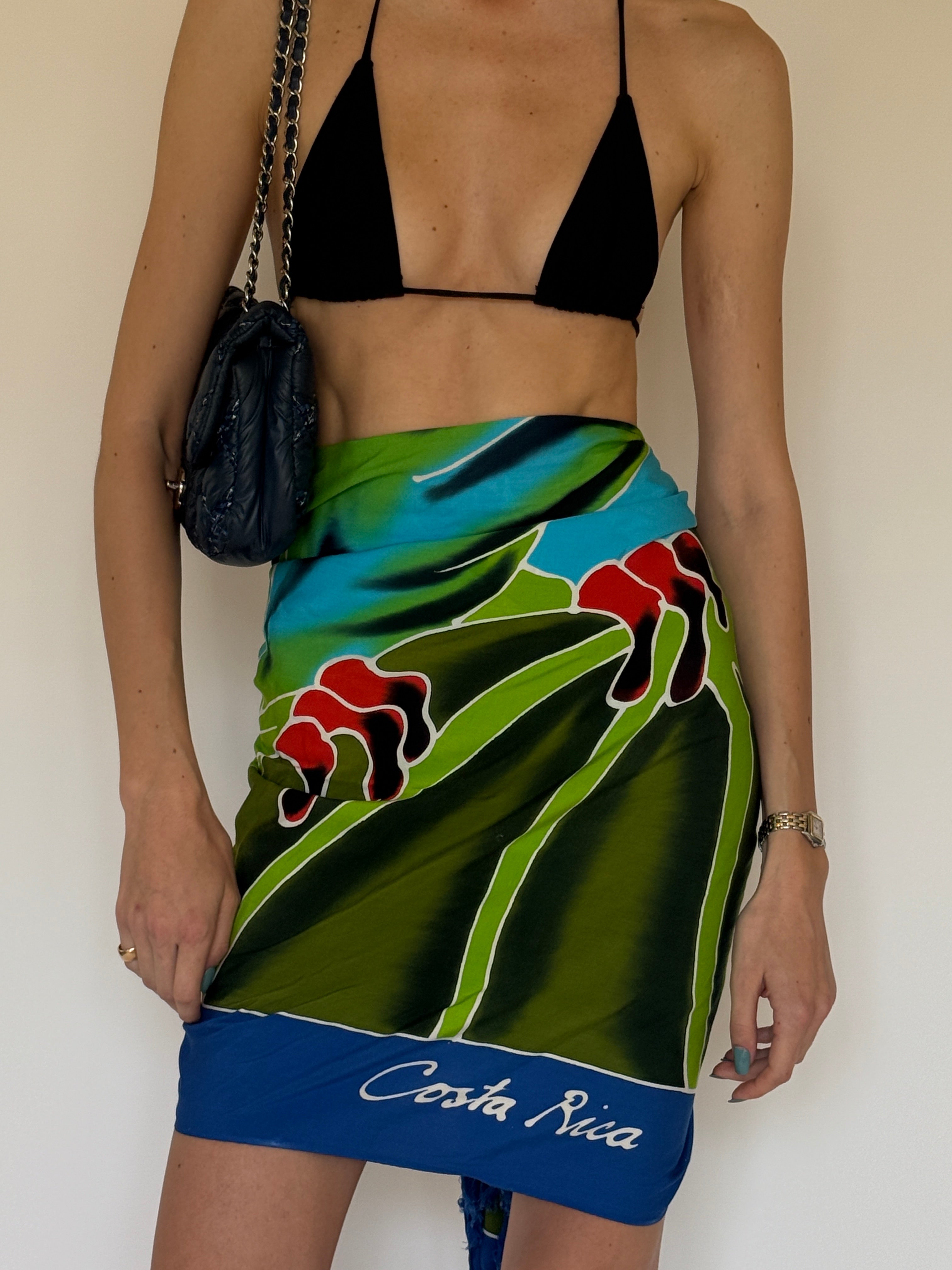 Vintage colorful tropical sarong styled as swim cover-up