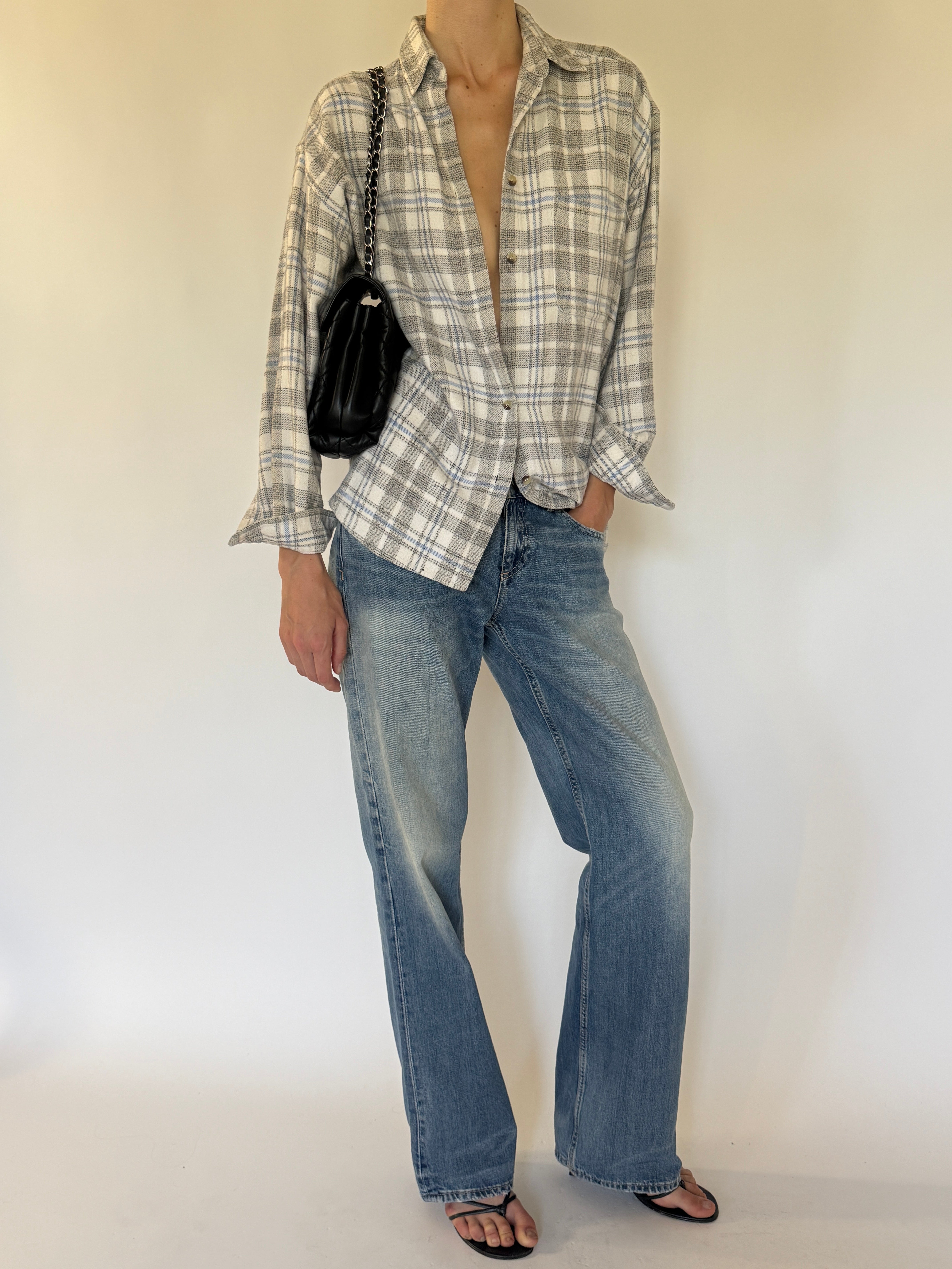 Vintage grey plaid flannel shirt angled view