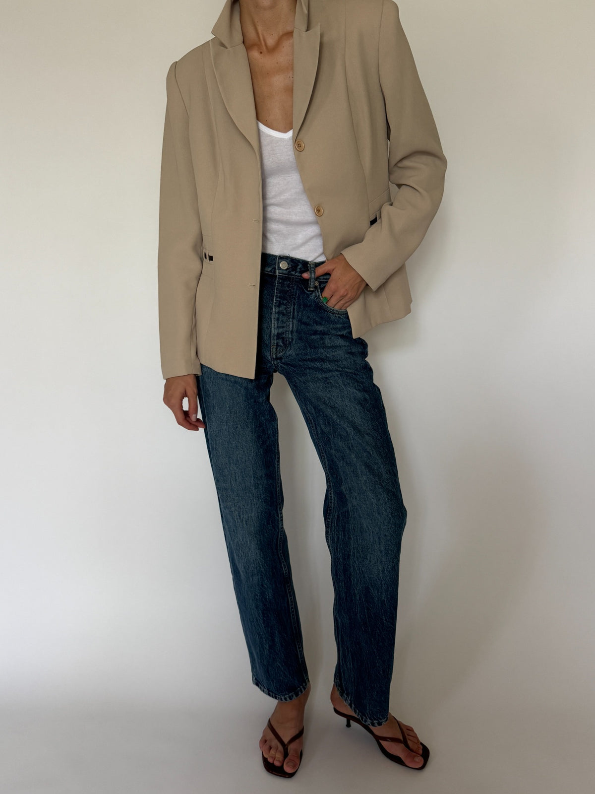 Vintage fitted western-inspired blazer beige open front view