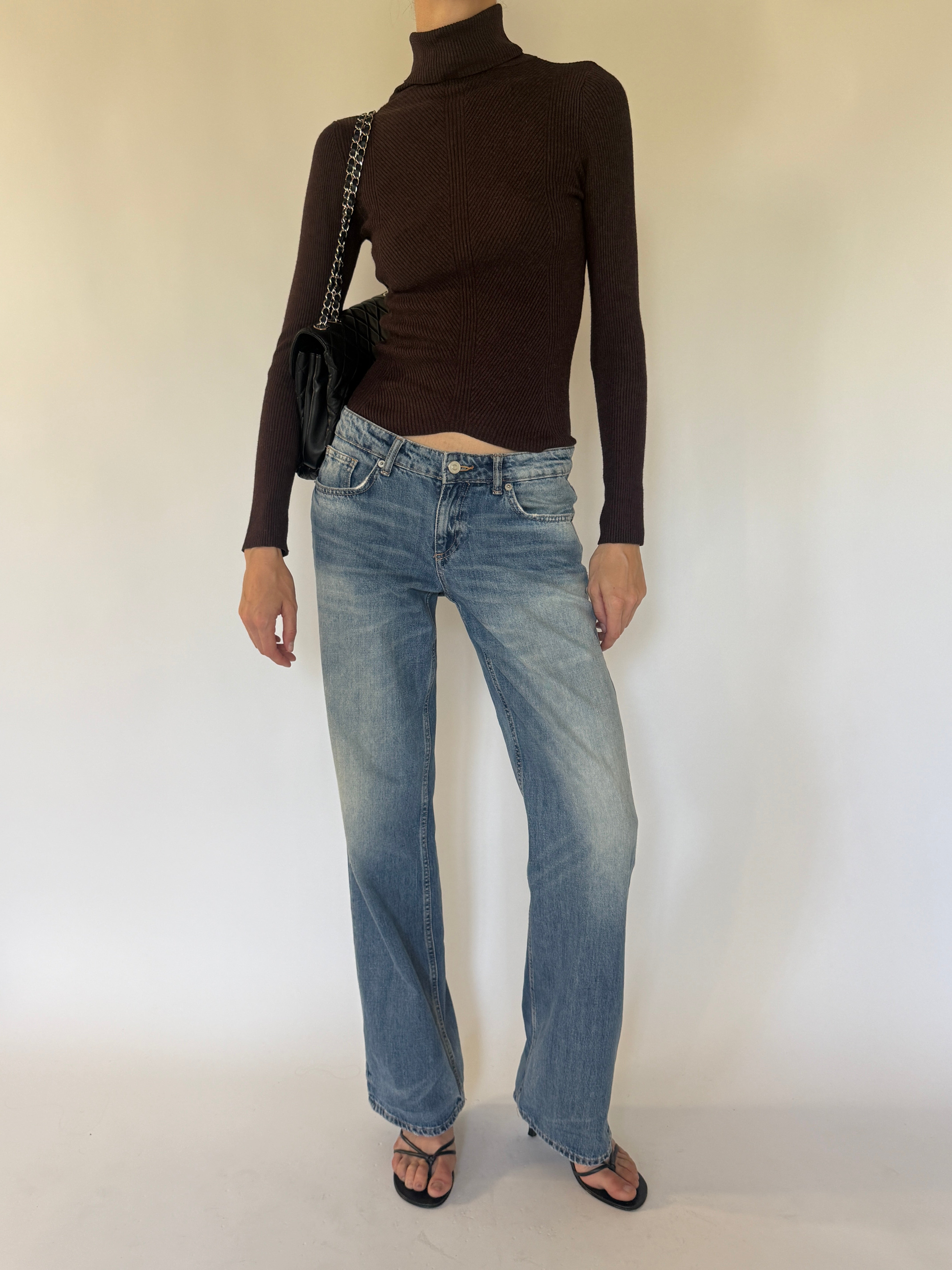 Vintage chocolate brown ribbed turtleneck sweater front view