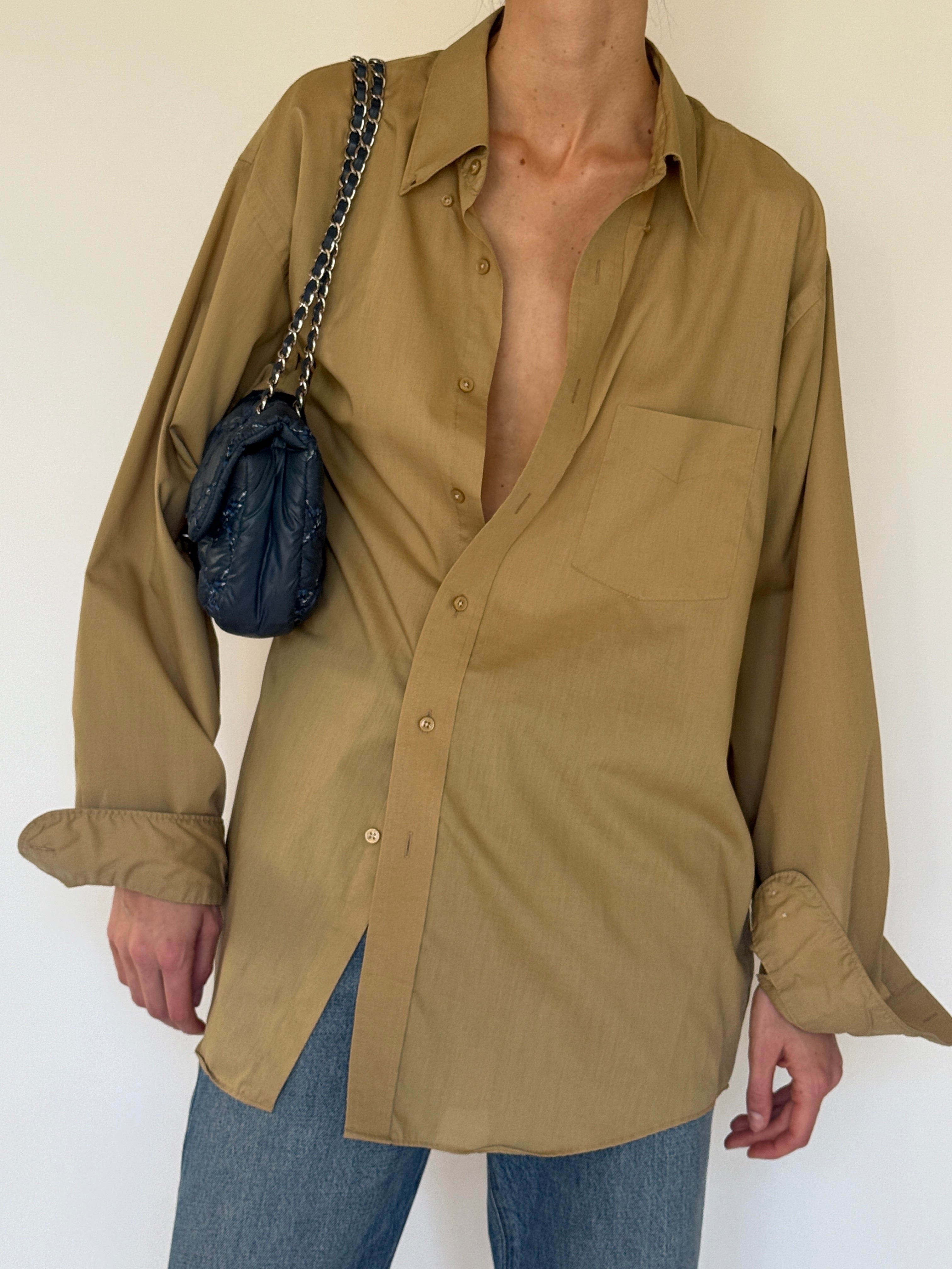 Vintage camel oversized shirt fabric close-up