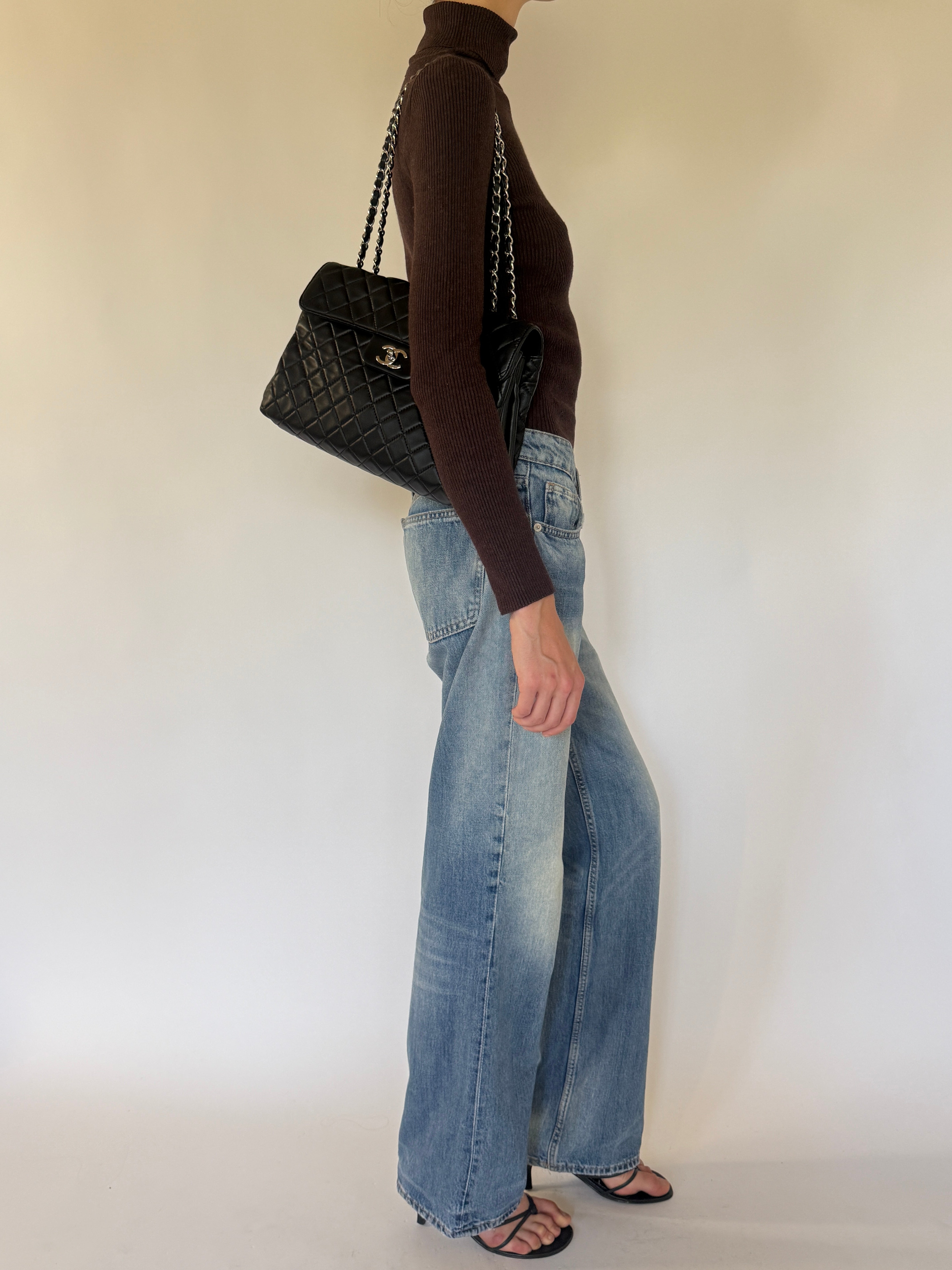 Vintage chocolate brown ribbed turtleneck sweater side view
