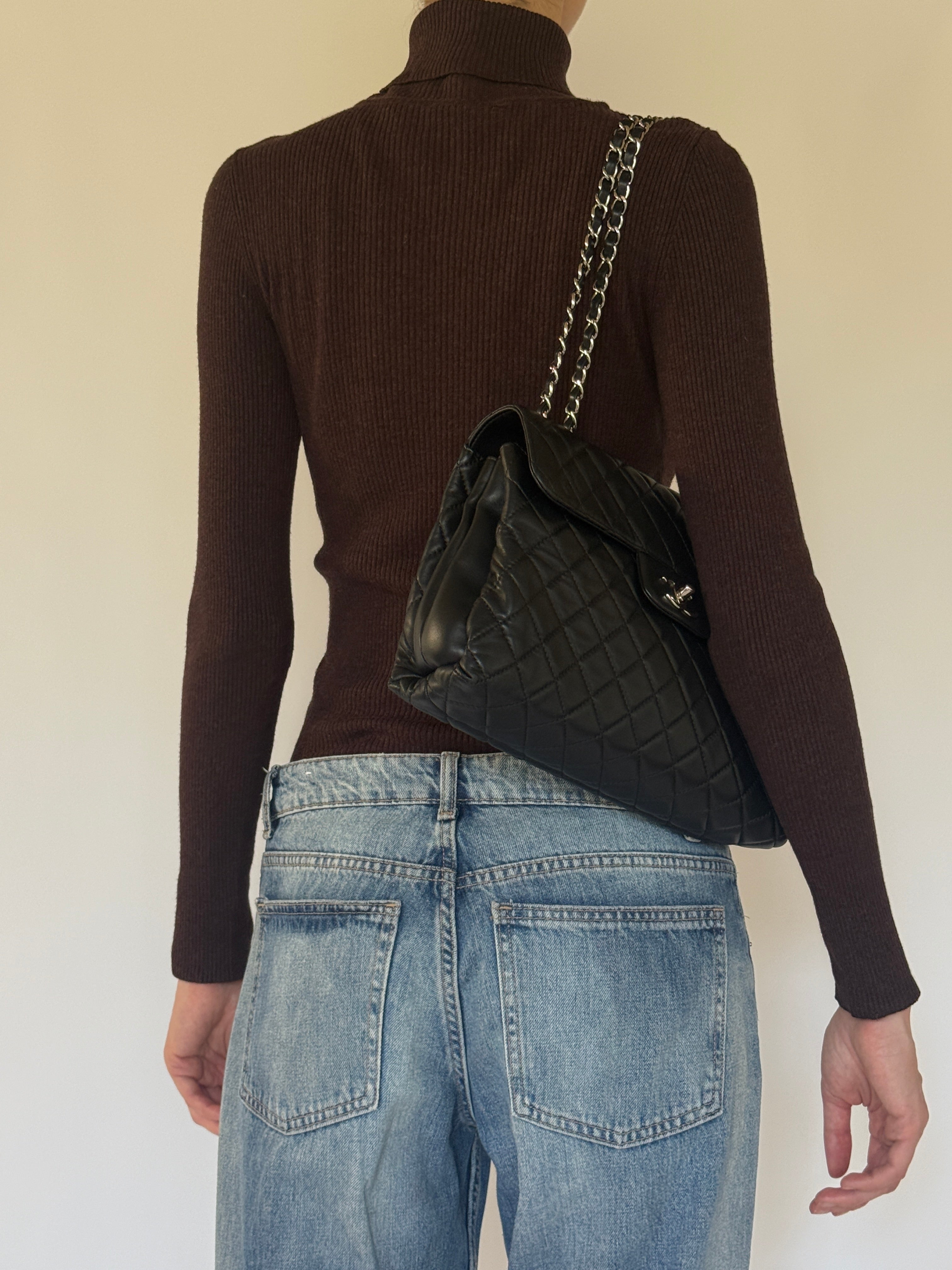 Vintage chocolate brown ribbed turtleneck sweater back view