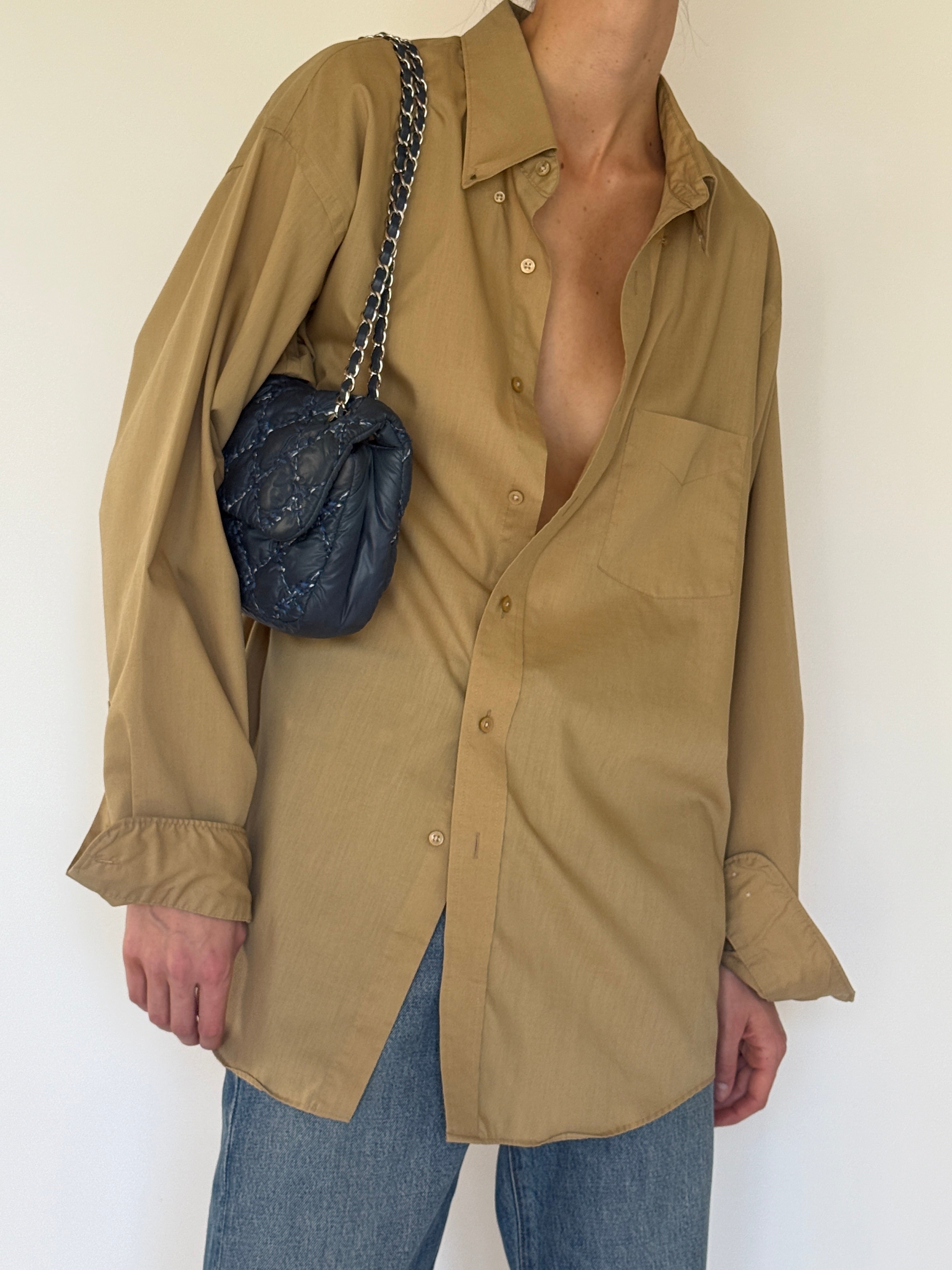 Vintage camel oversized button shirt collar detail