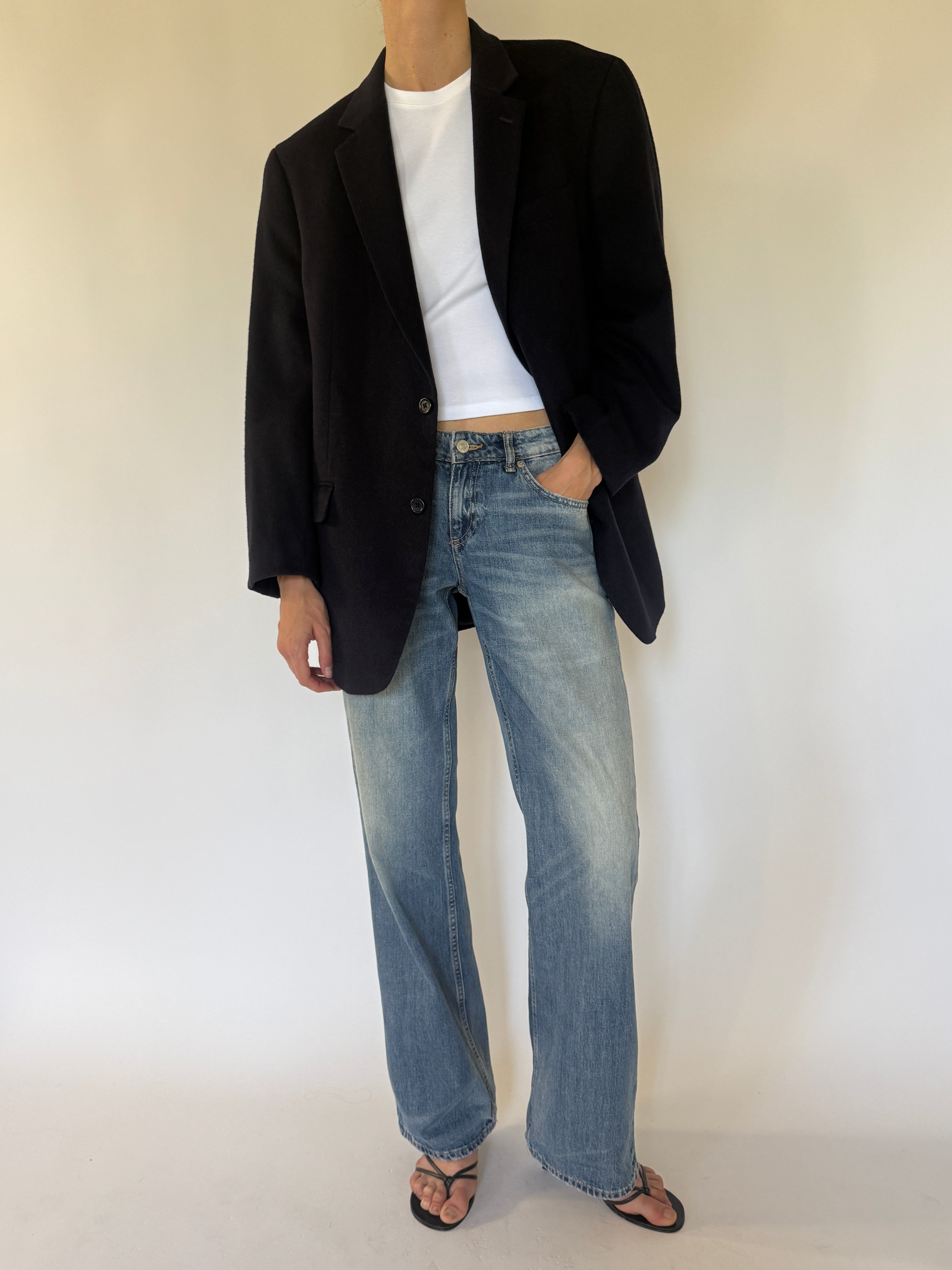 Vintage Michael Kors navy wool blend blazer front full-length view.