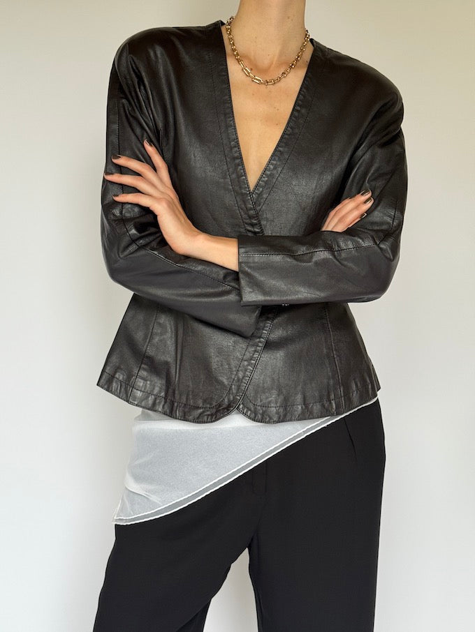 Vintage Sculpted Leather Wrap Blazer