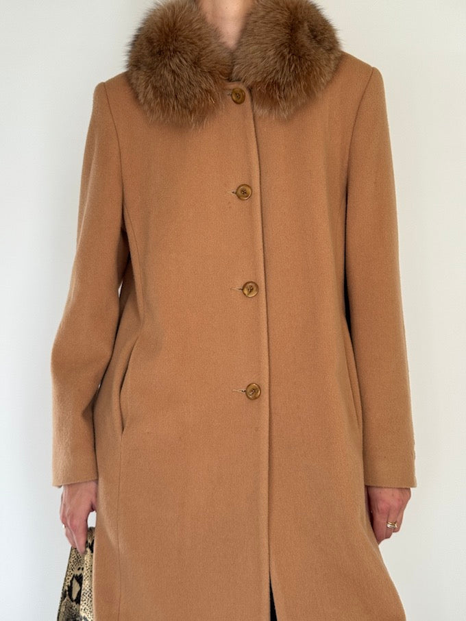 Vintage Camel Wool Coat With Fur Collar