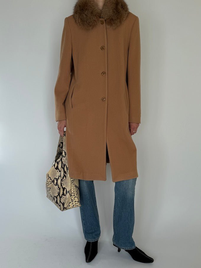 Vintage Camel Wool Coat With Fur Collar