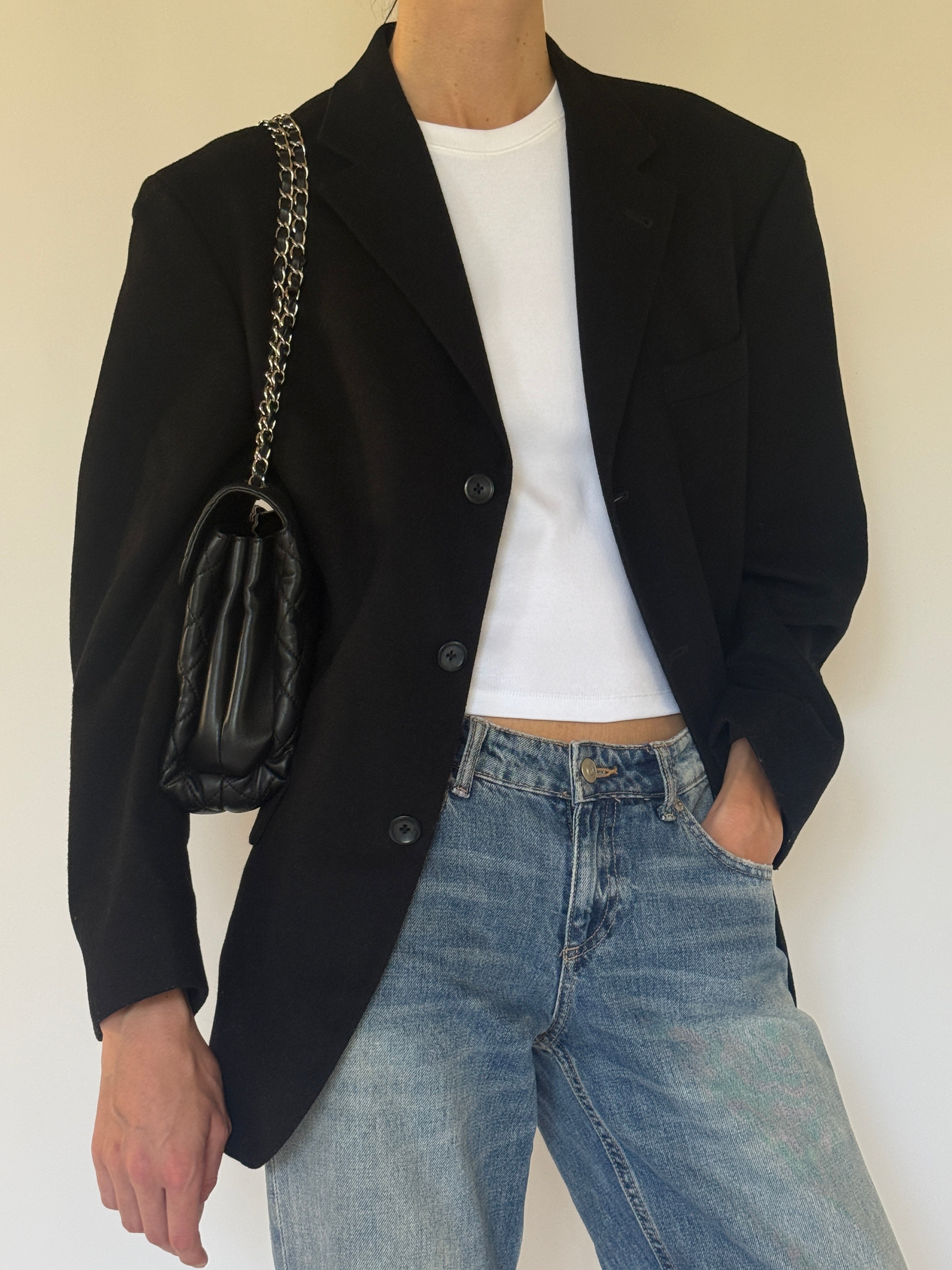 Vintage Oscar de la Renta black wool cashmere blazer angled view