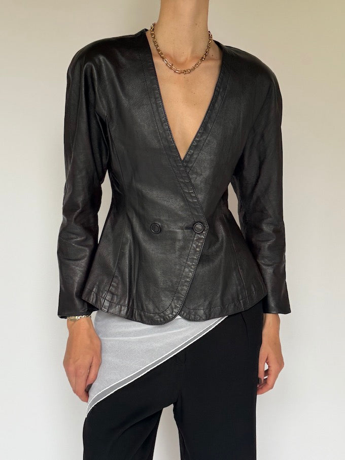 Vintage Sculpted Leather Wrap Blazer