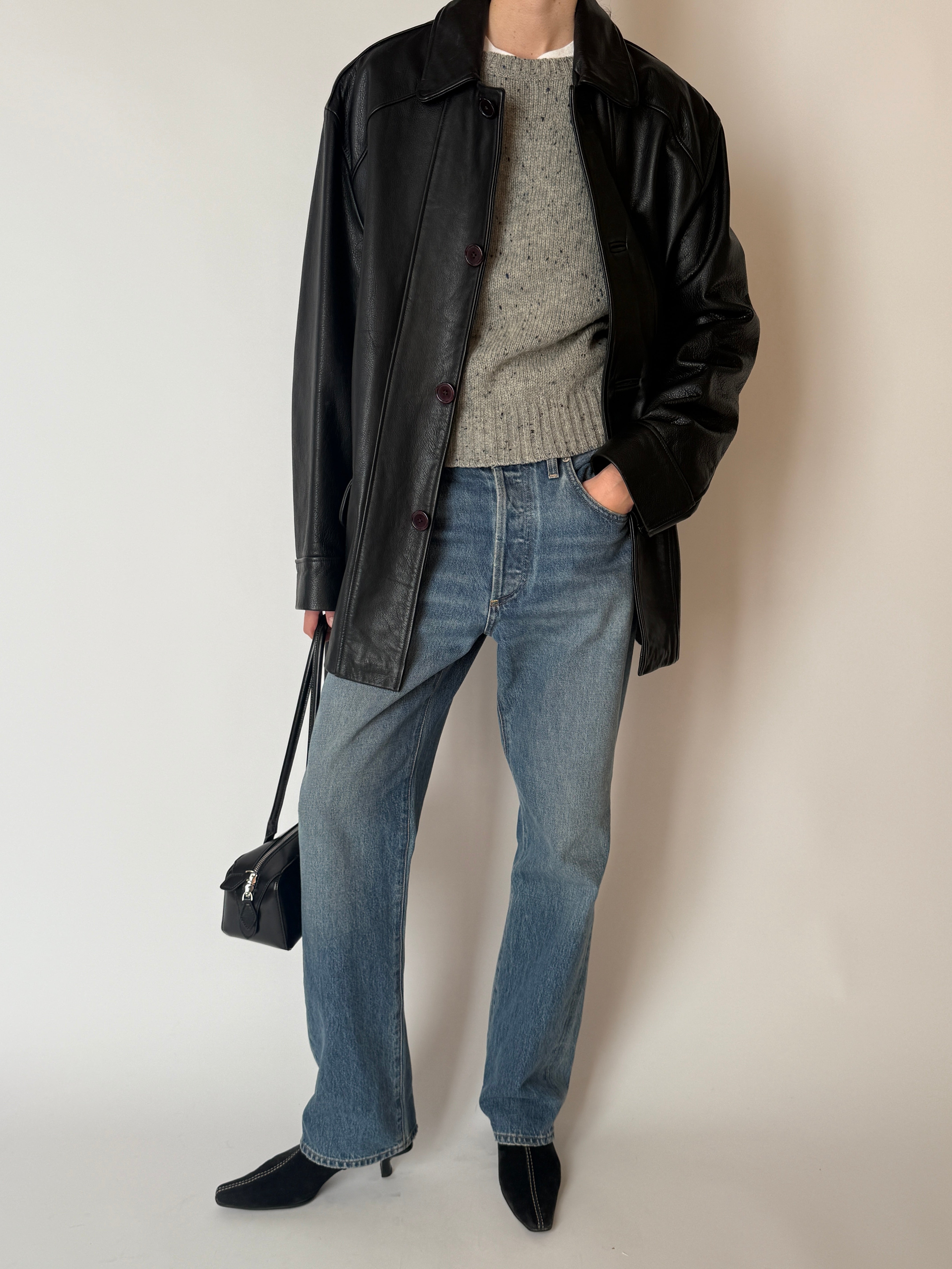 Vintage relaxed leather jacket with collar and button closure black