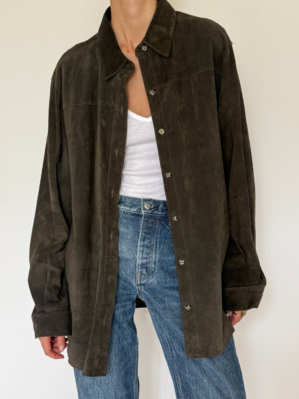 Vintage suede leather overshirt dark forest green back view