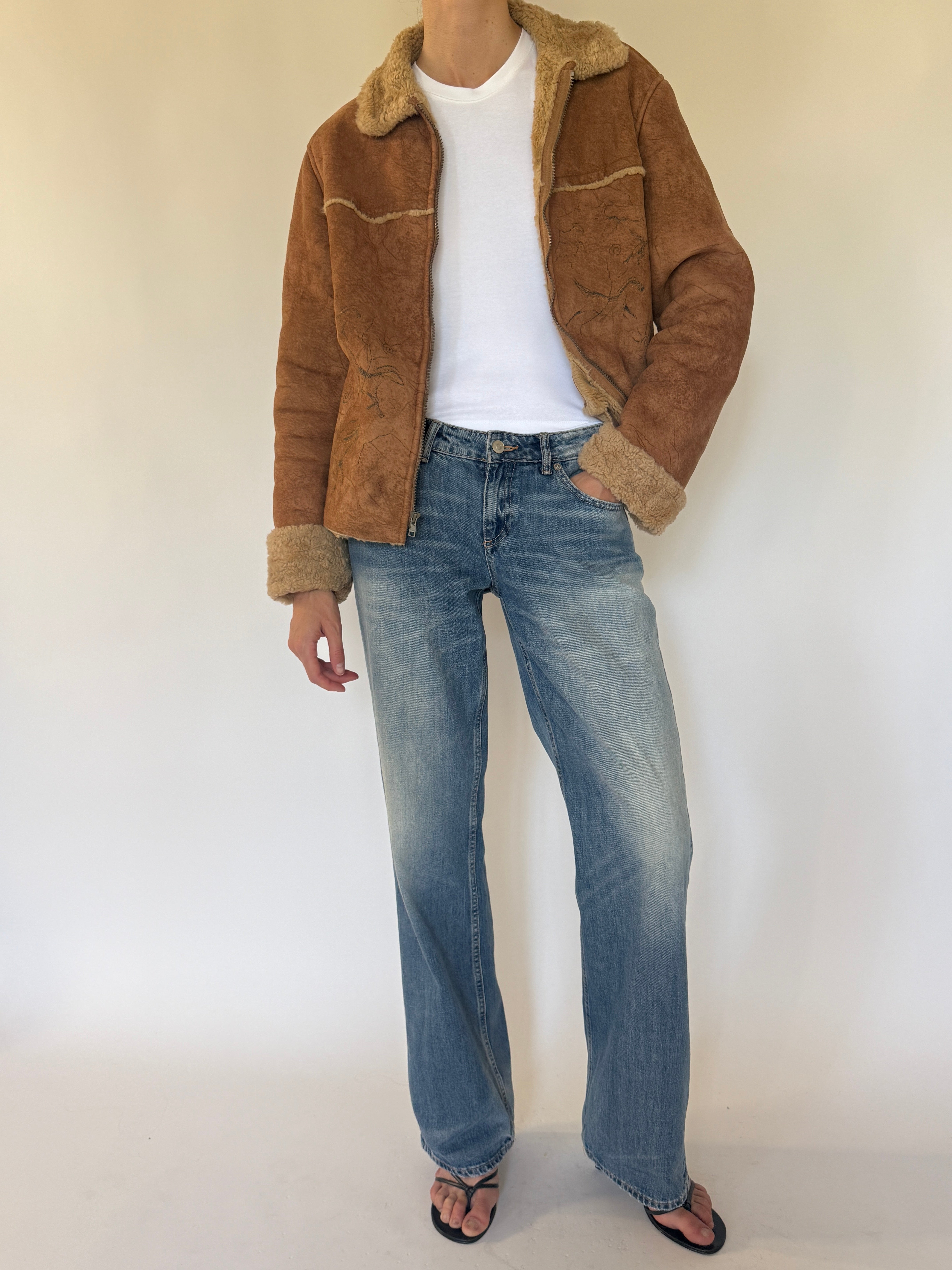 Vintage brown faux shearling jacket front view