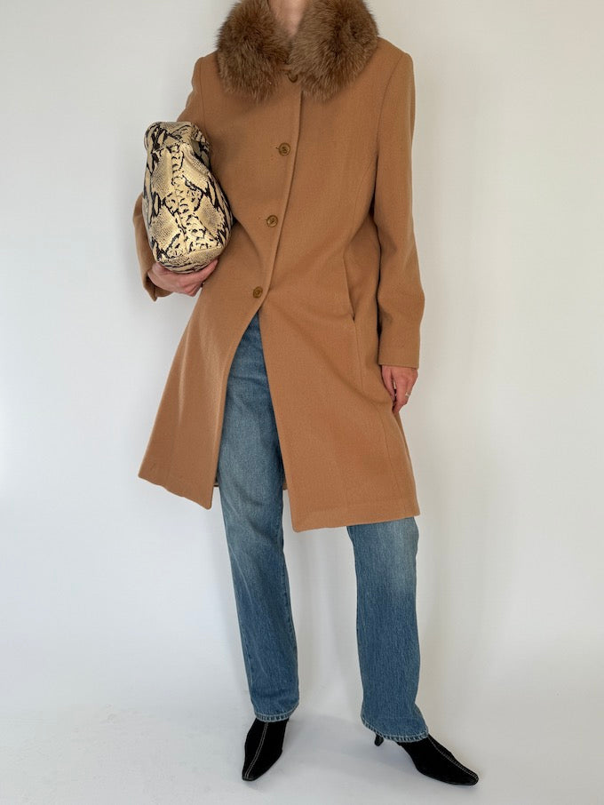 Vintage Camel Wool Coat With Fur Collar