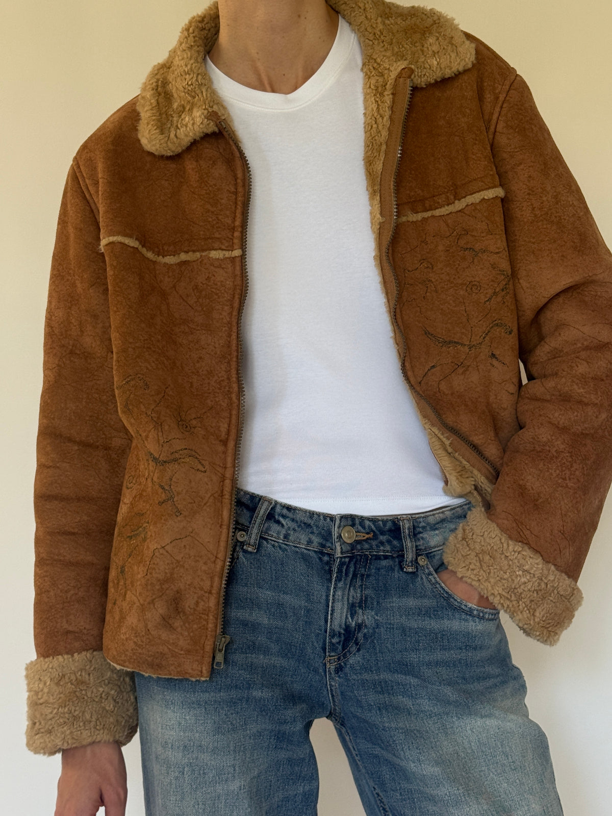 Vintage brown faux shearling jacket front view