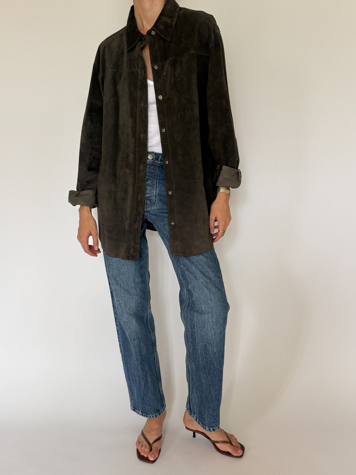 Vintage suede leather overshirt dark forest green full front view