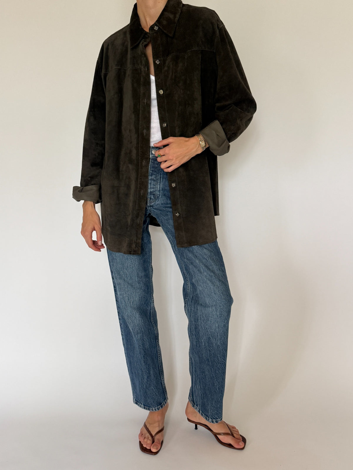 Vintage suede leather overshirt dark forest green front view