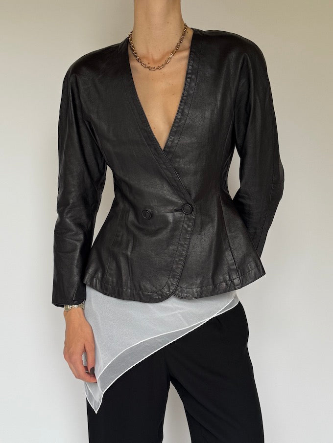 Vintage Sculpted Leather Wrap Blazer