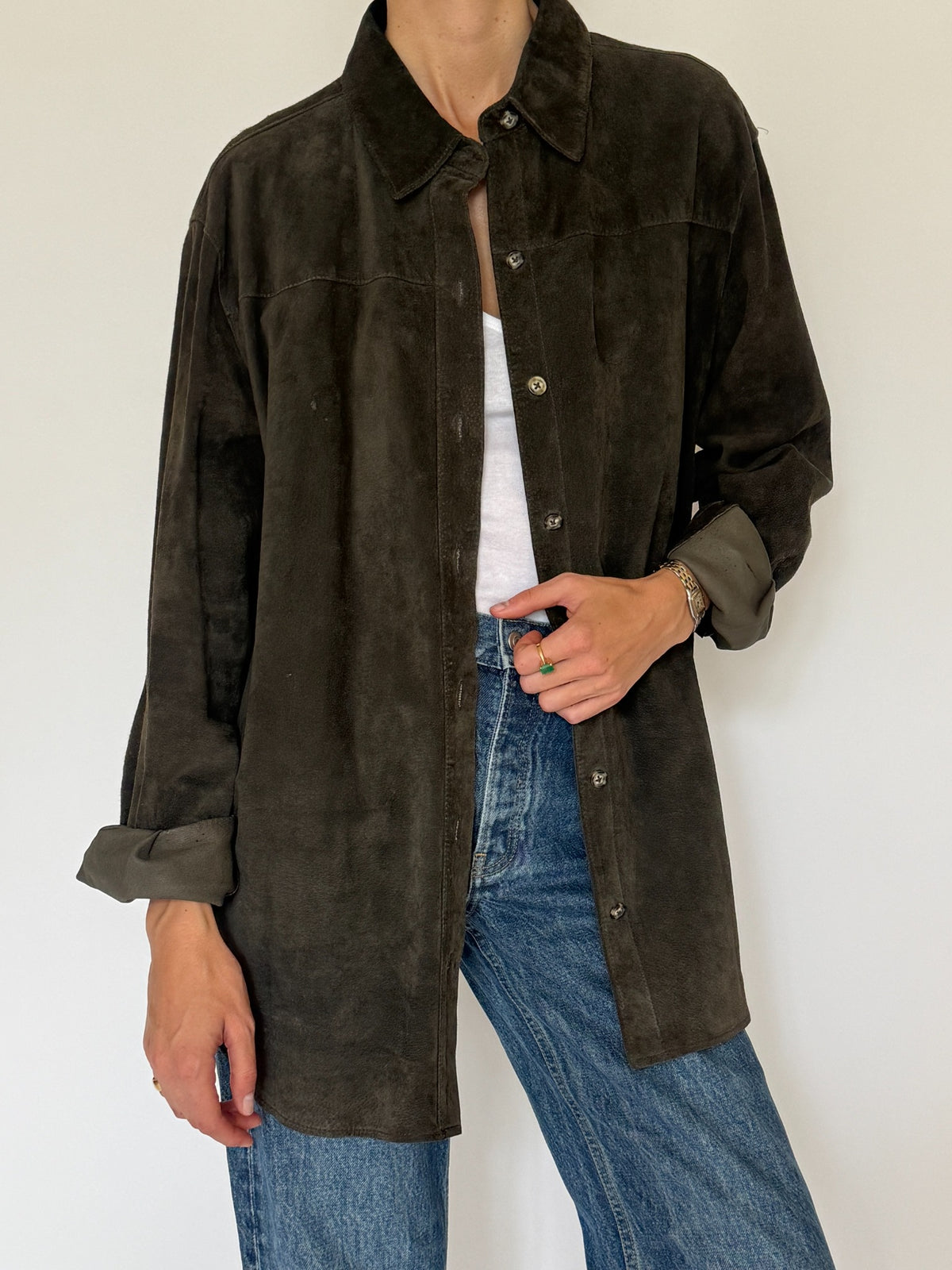 Vintage suede leather overshirt dark forest green collar and button detail