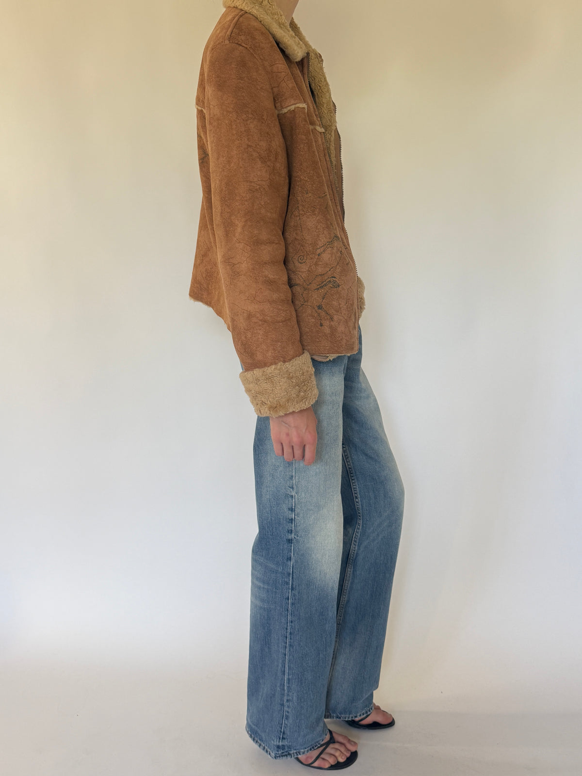 Vintage brown faux shearling jacket side view
